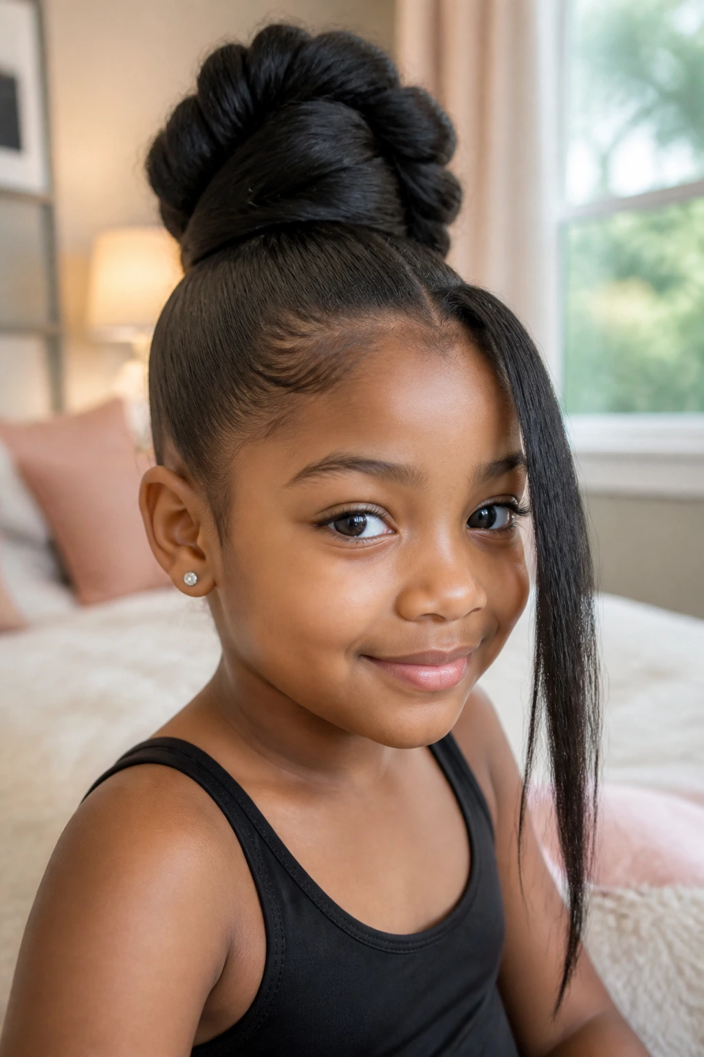 Close-up of a real young girl wearing a high bun with a long hanging piece in thick hair