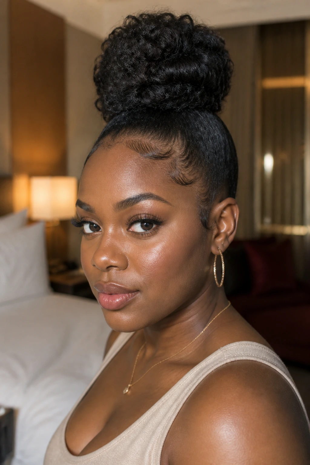 Portrait of a real woman with a high bun and sculpted edges in a warm interior.