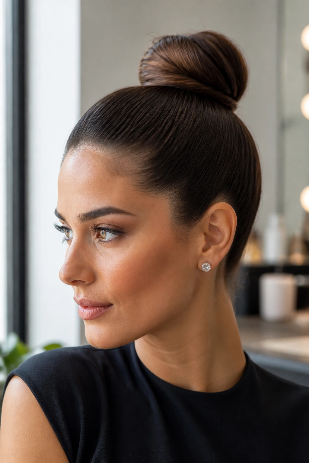 Close-up of a real person with a high sleek bun at the crown.