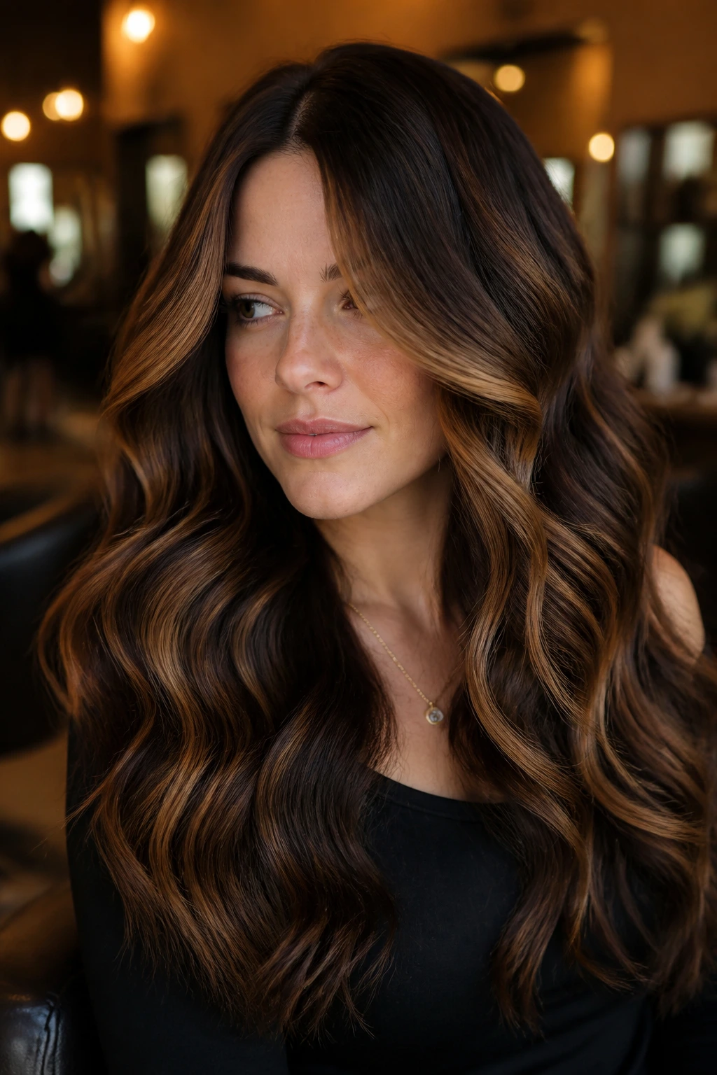 Close-up portrait of brunette hair with bold caramel ribbons in high-contrast weekend waves