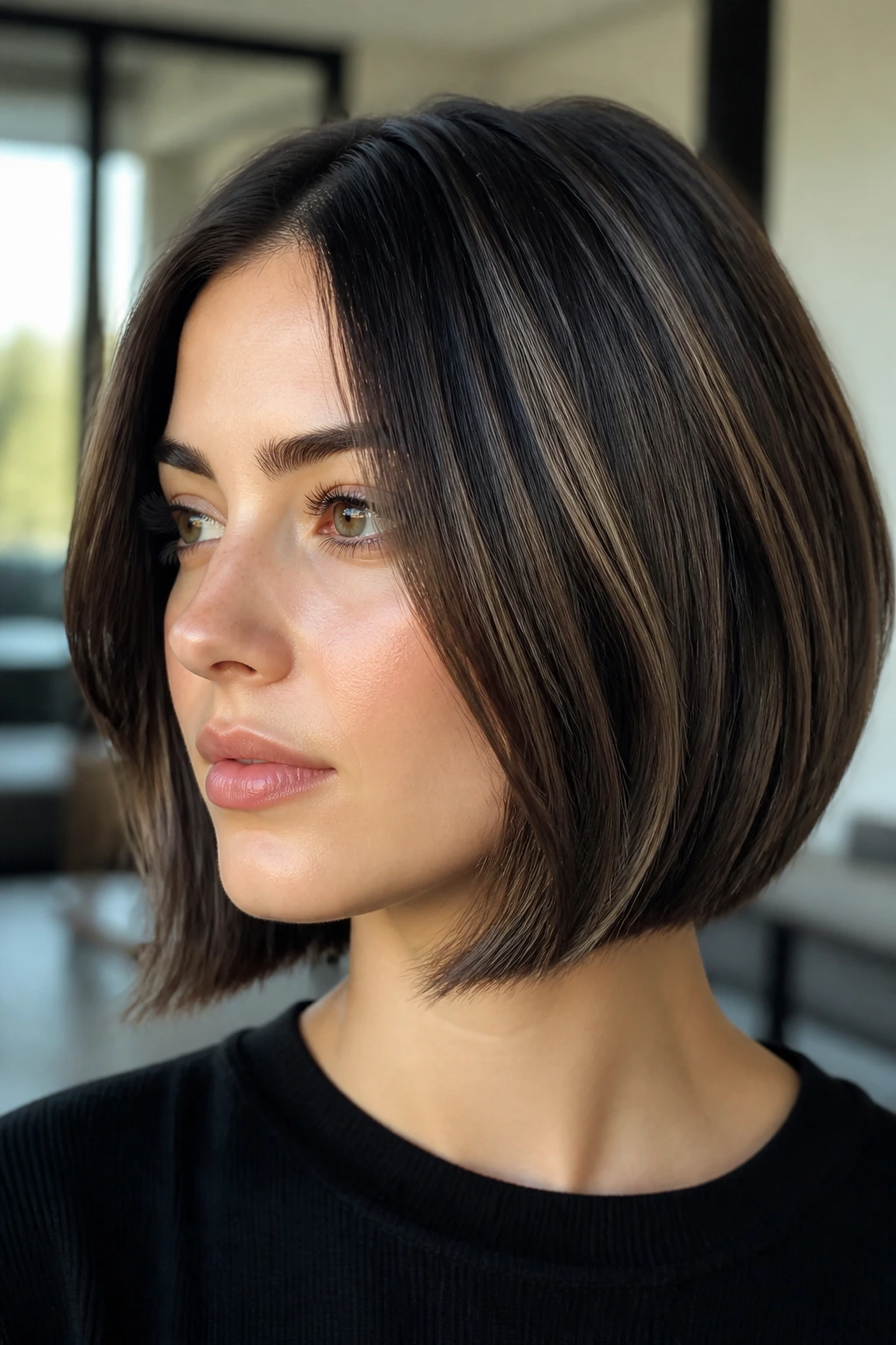Medium brown bob with high-contrast espresso and mushroom lowlights.