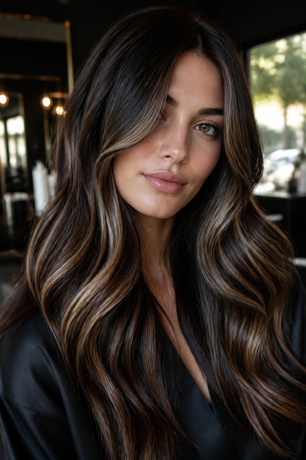 Close-up of a real woman with beige-brown caramel highlights on brunette hair