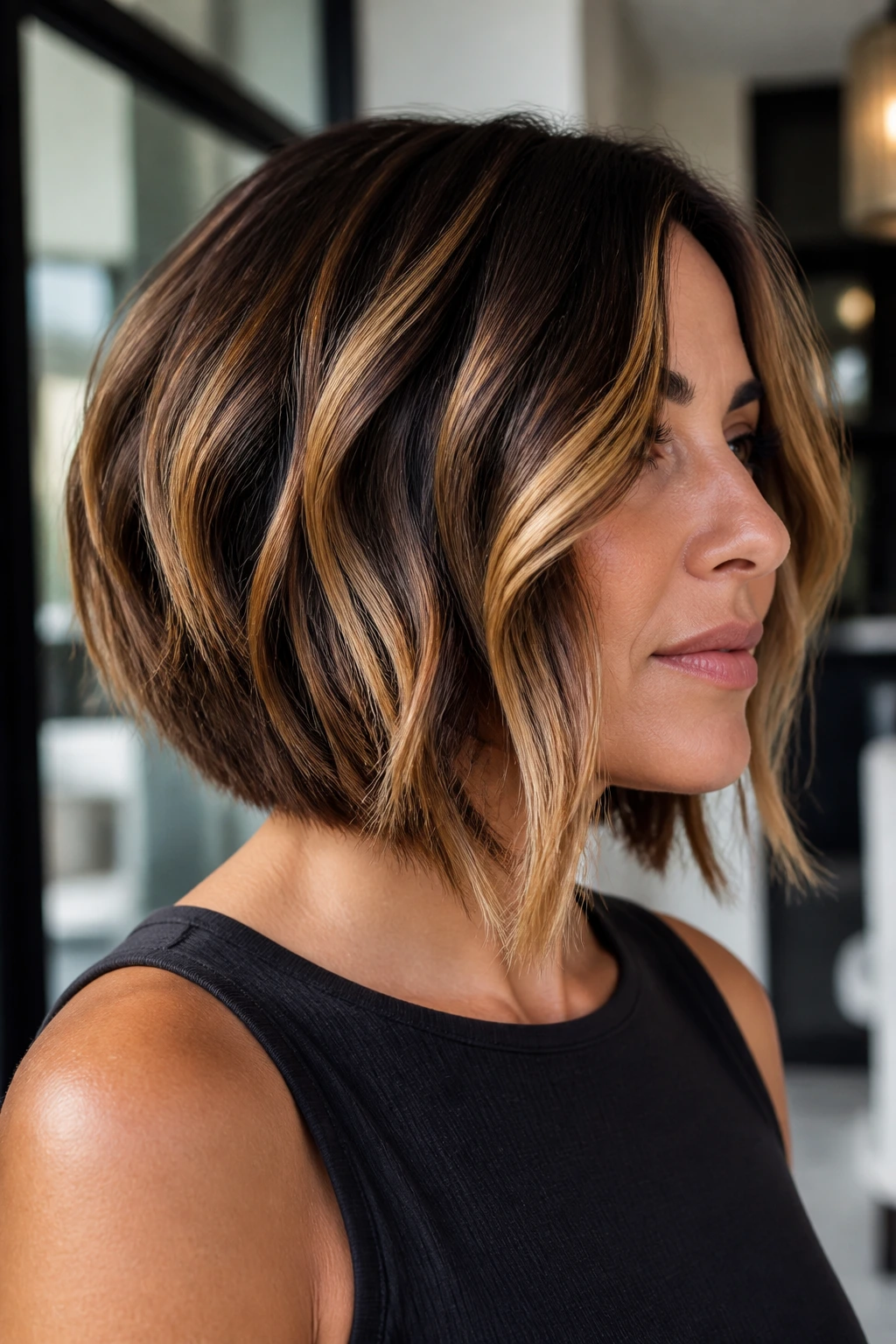 Real woman with bold inverted bob and high-contrast caramel highlights