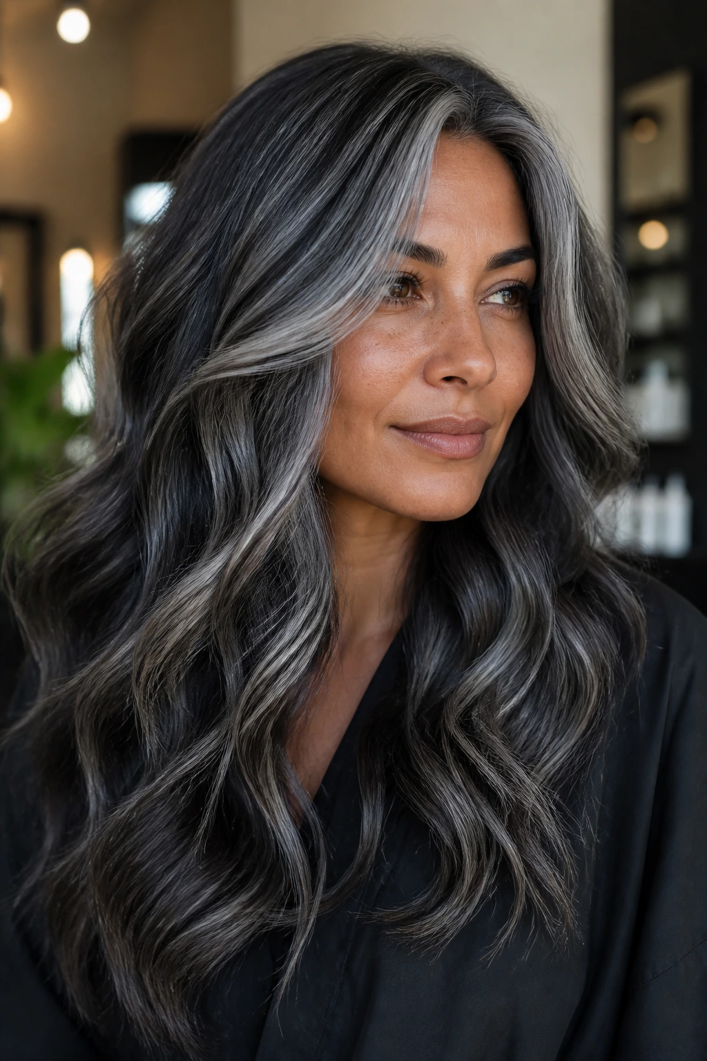 Close-up portrait of a real person with a charcoal veil in hair, showing bold contrast with lighter gray tones.