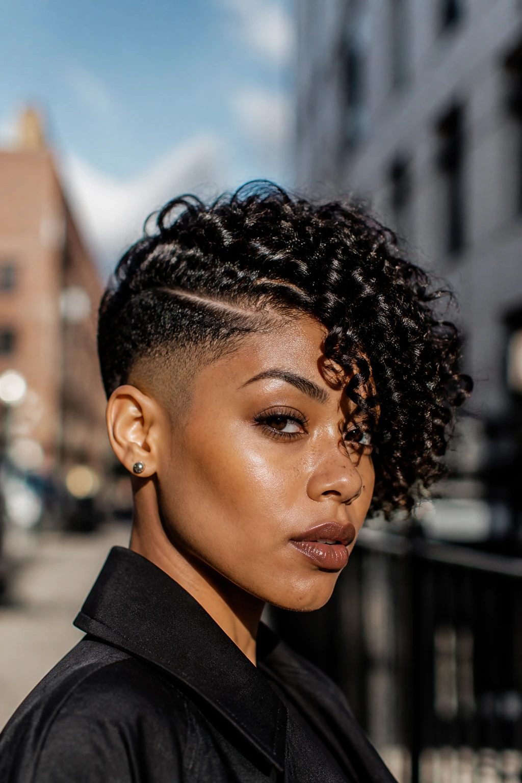Portrait of a person with a high-contrast fade on one side and a longer opposite side.