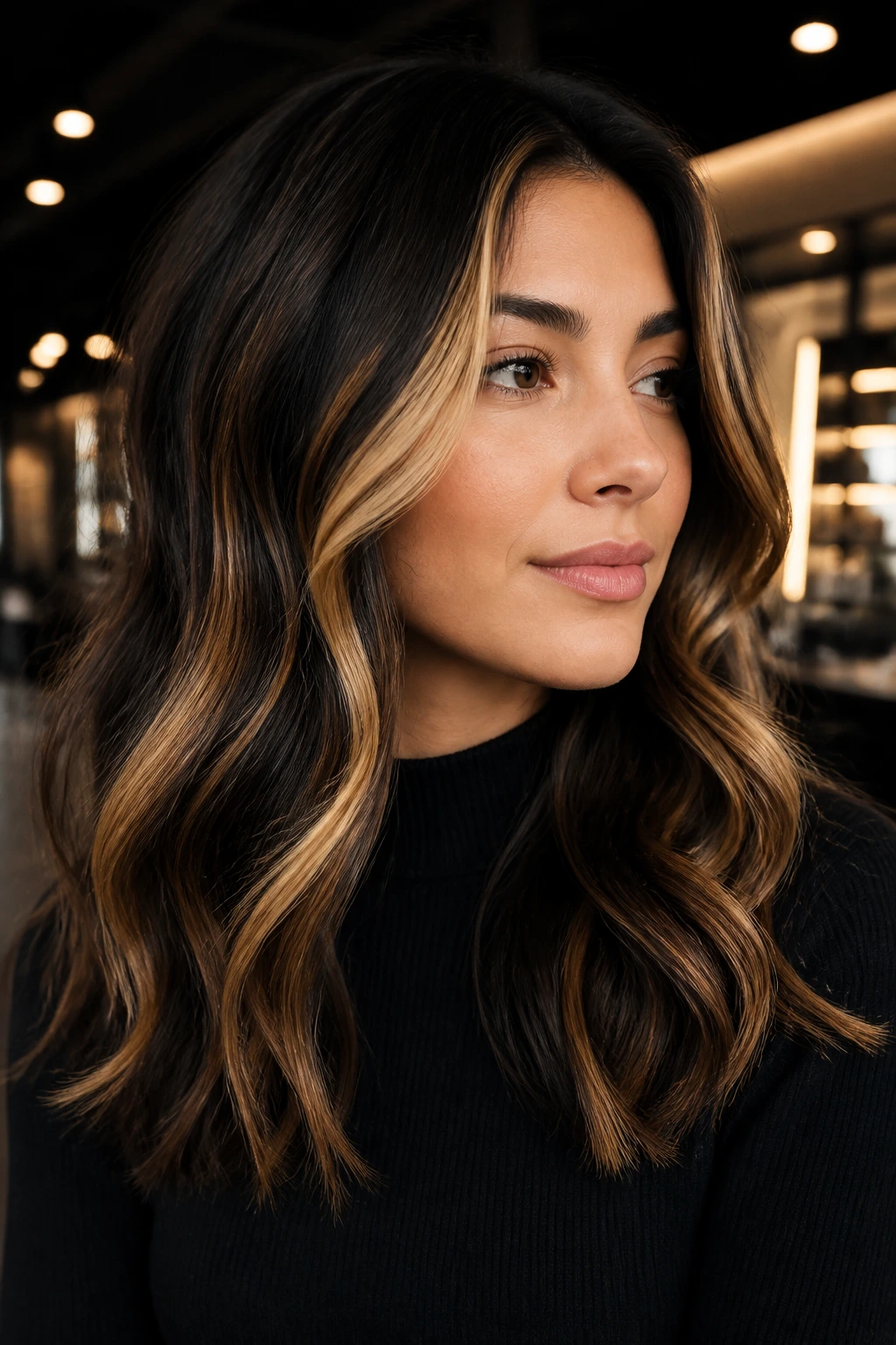 Brunette with bold golden streaks creating high-contrast look
