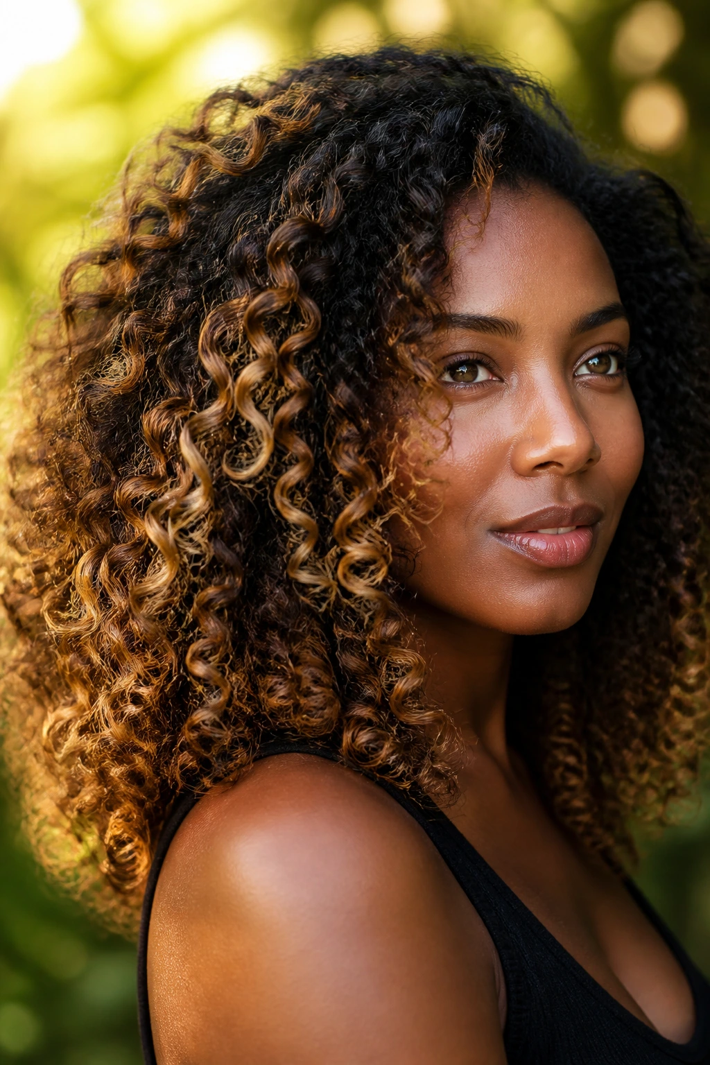 Real person with dense curls featuring high-contrast honey streaks highlighted in side lighting.