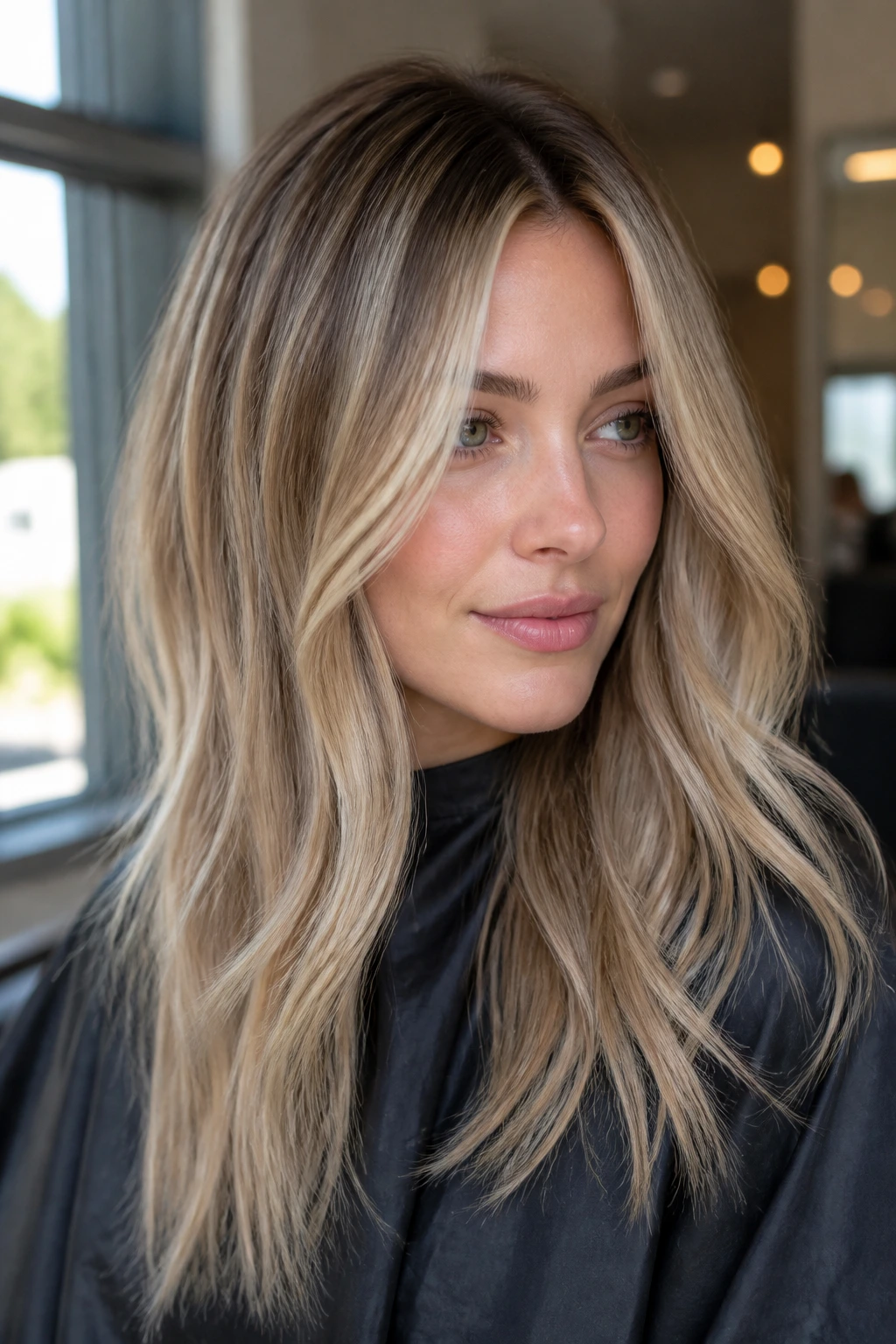 Portrait of a woman with high-contrast sandy blonde and micro-lights