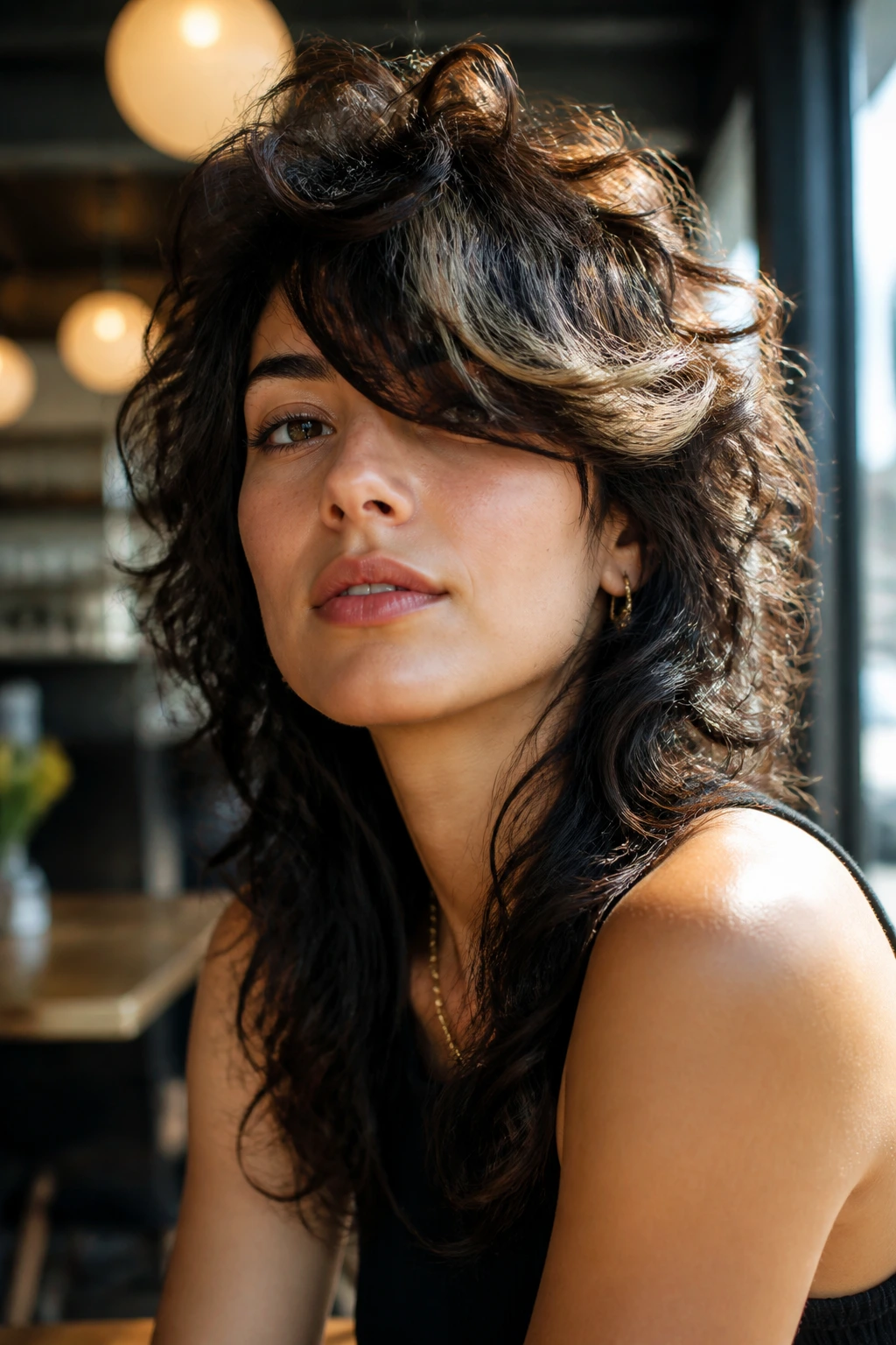 Real person with high-contrast layered shag and diagonal side-swept bang.