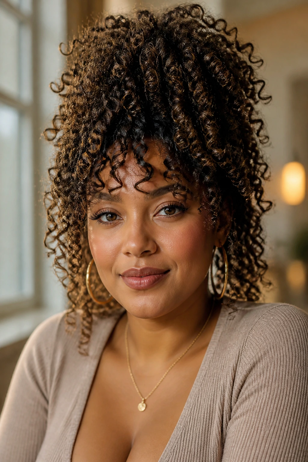 Close-up of a woman with a high crown and balanced curly silhouette