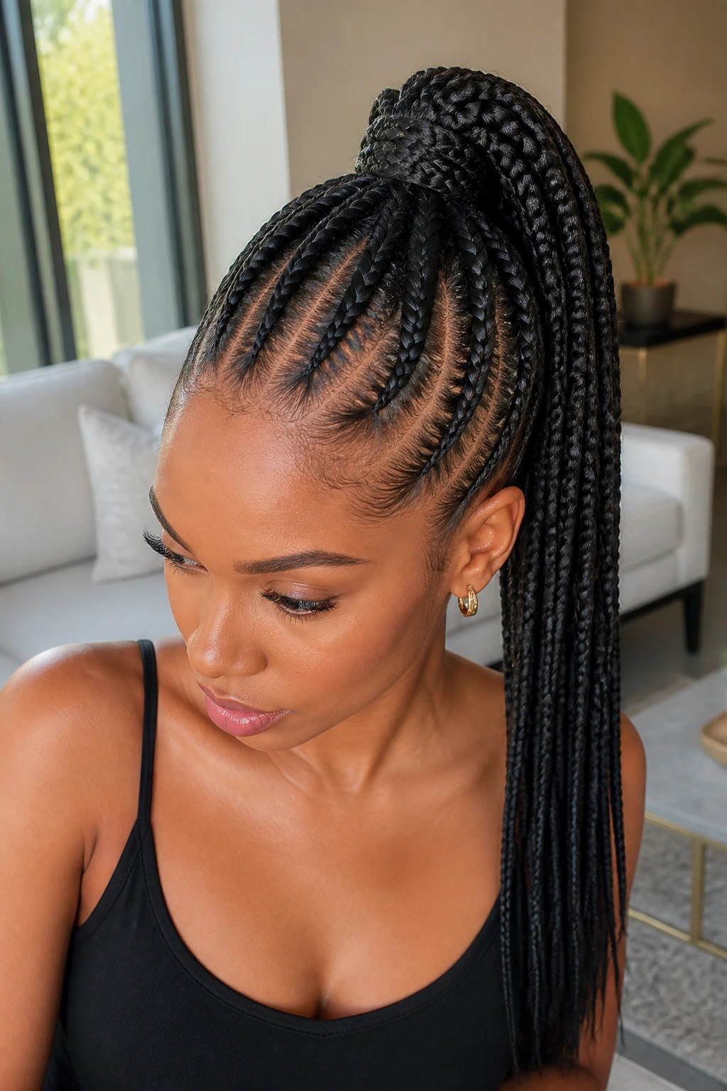 Portrait of a real Black woman with high crown braids and a snatched ponytail