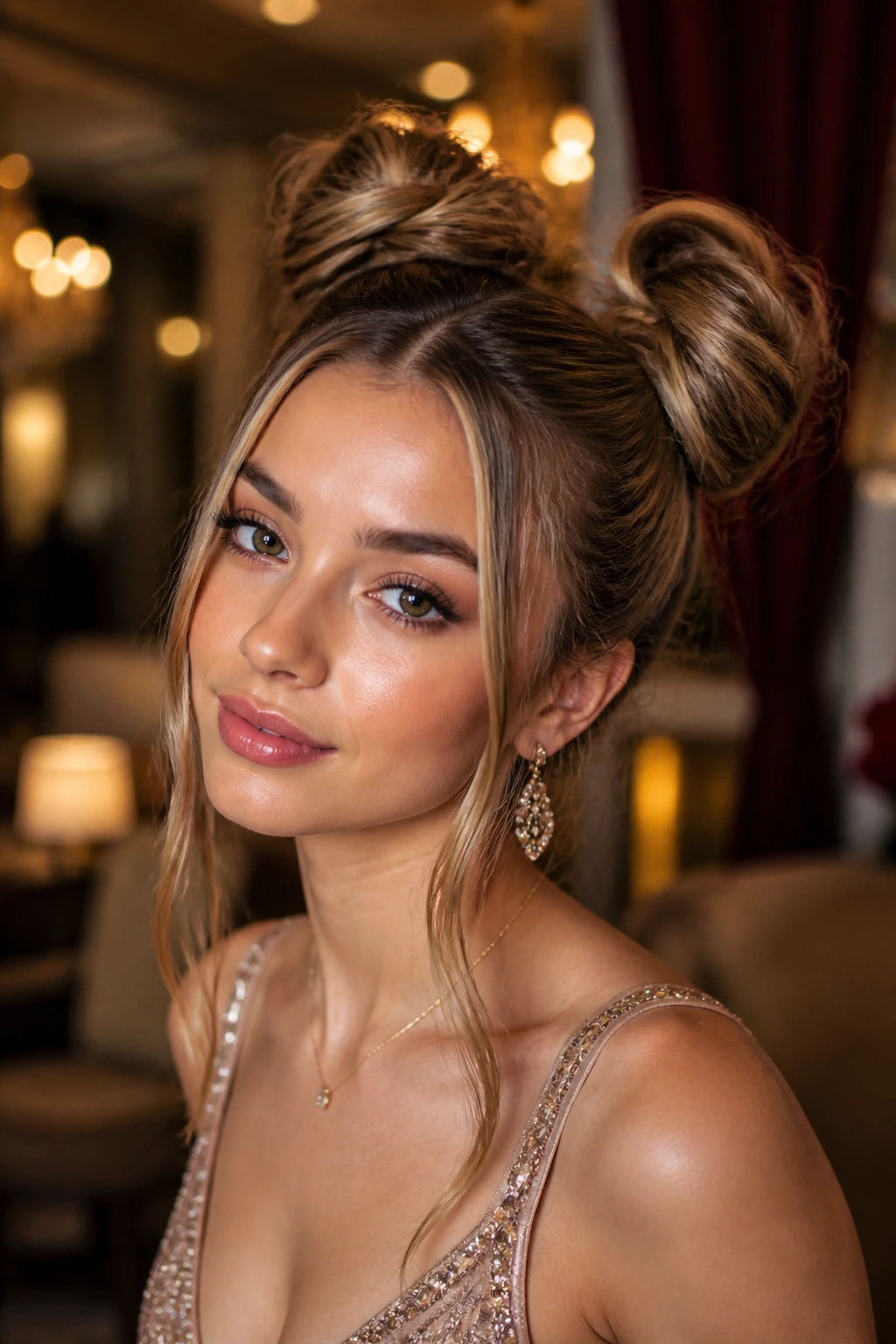 Real woman with high crown double buns and long side pieces framing the face