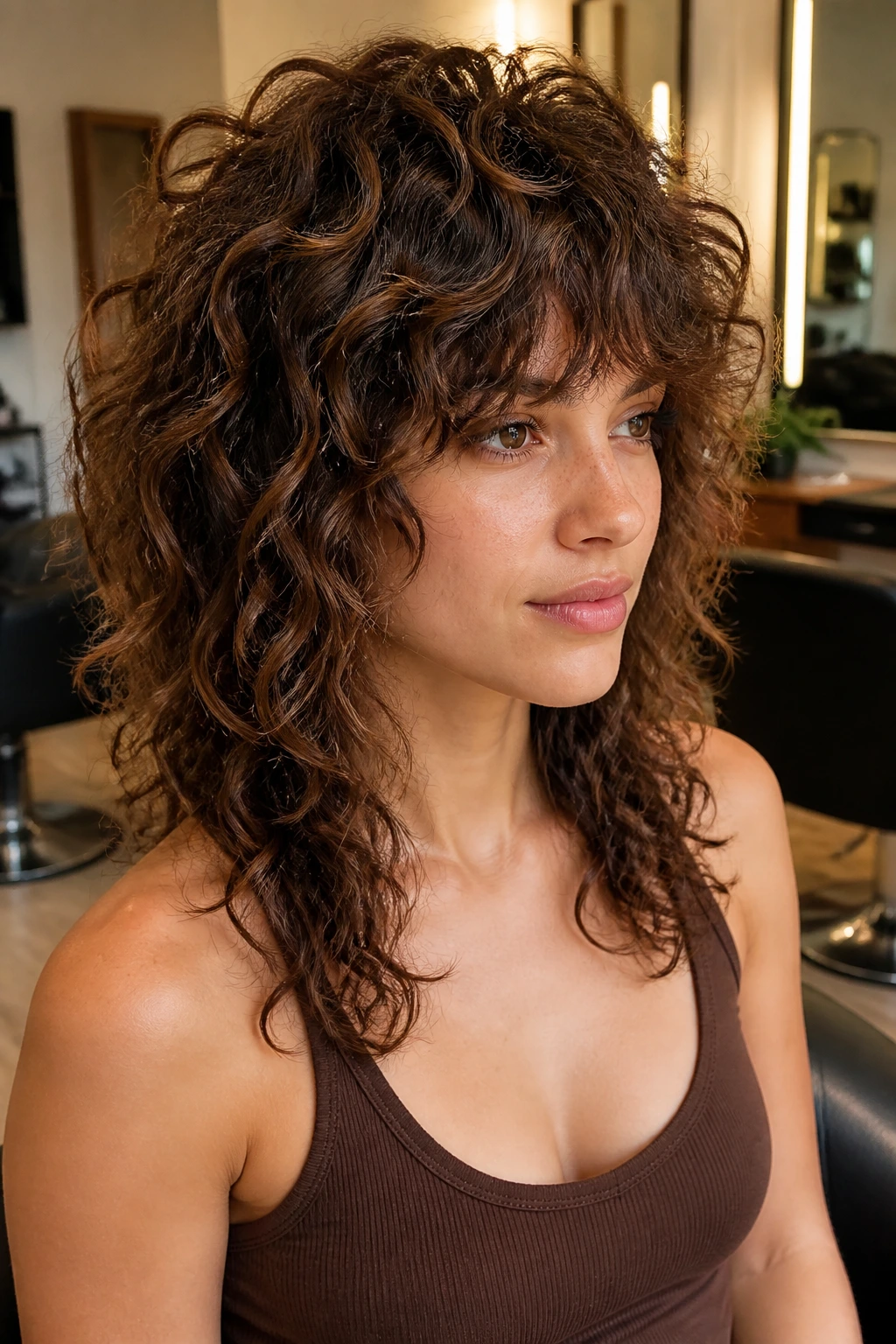 Real person with high-crown curly shag hairstyle