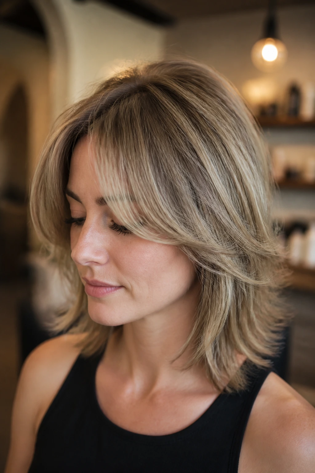Close-up of a woman with high crown layers creating less lift at the fringe