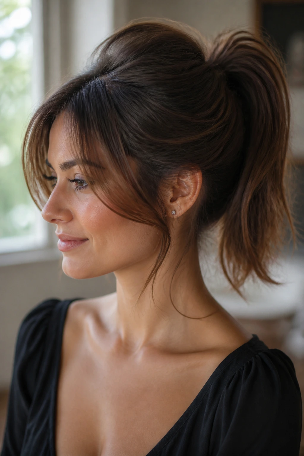 Portrait of a woman with a high crown lift pony and side-swept bangs