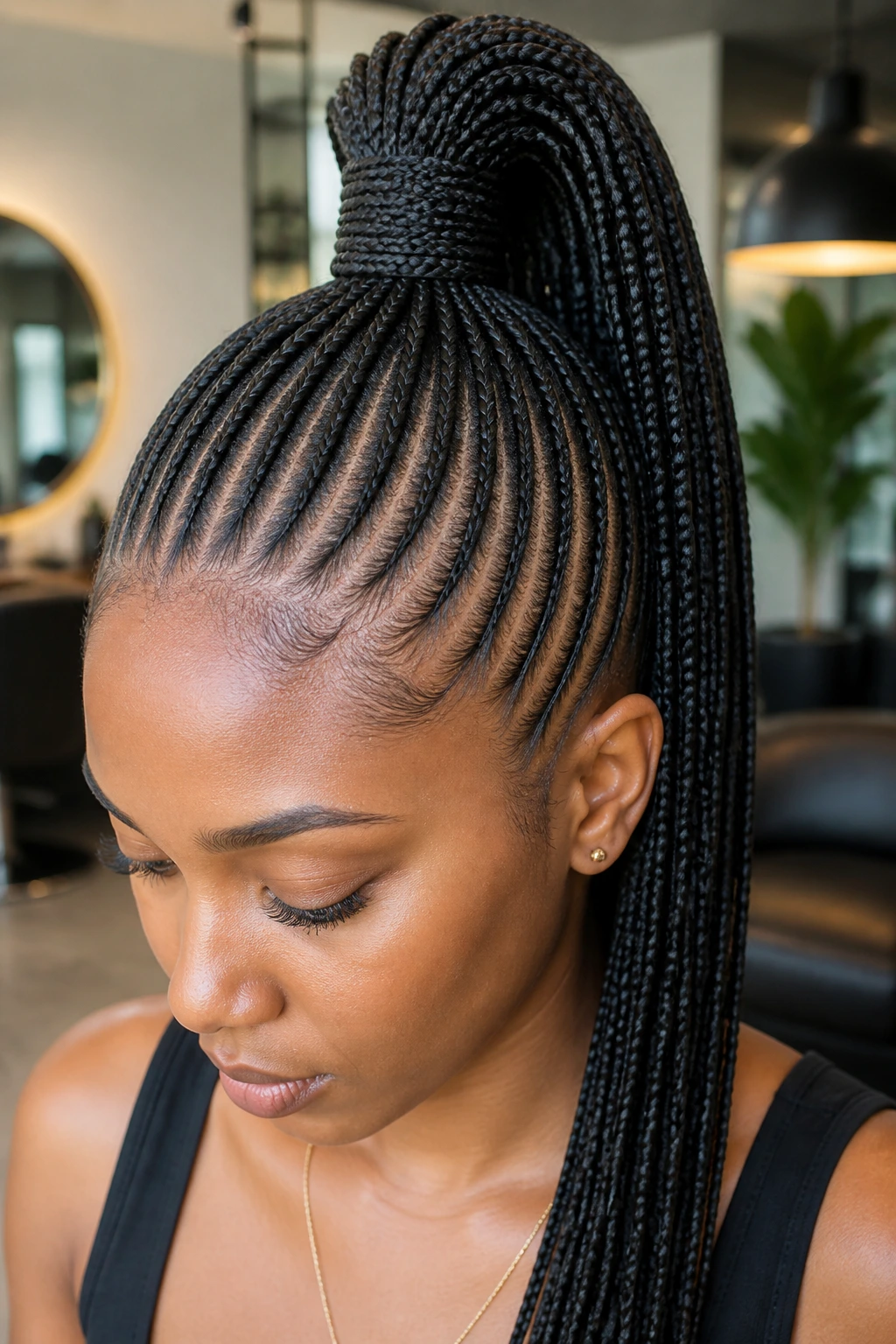 Close-up of a real person with a high crown braided ponytail and wrapped base
