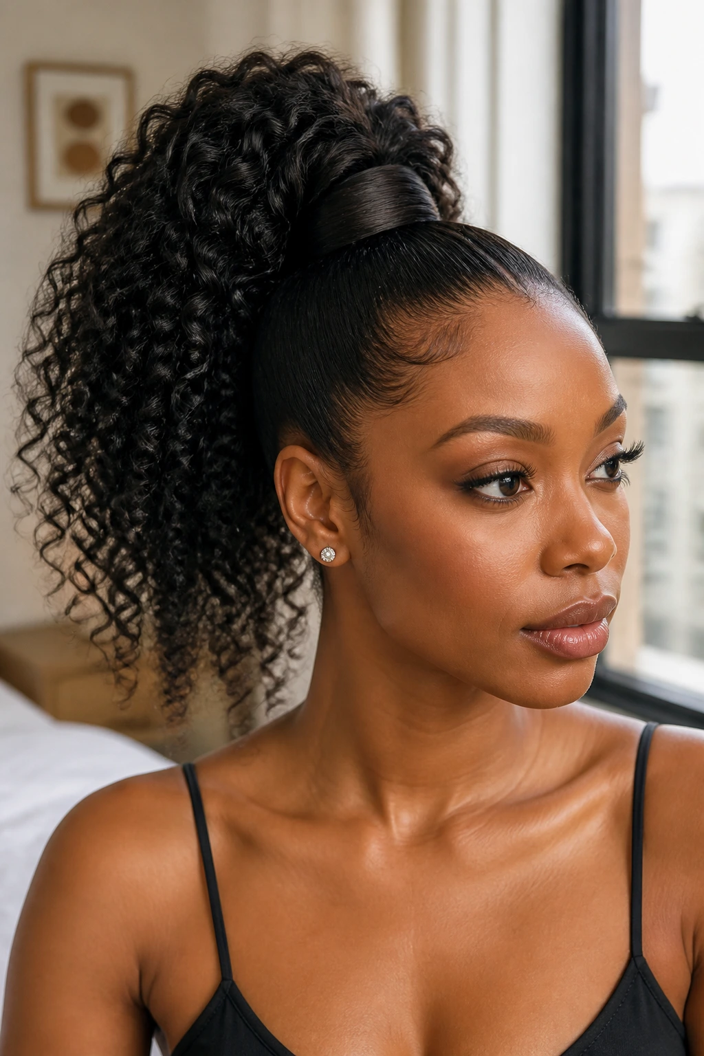 Close-up of real woman with high curly ponytail and wrapped base