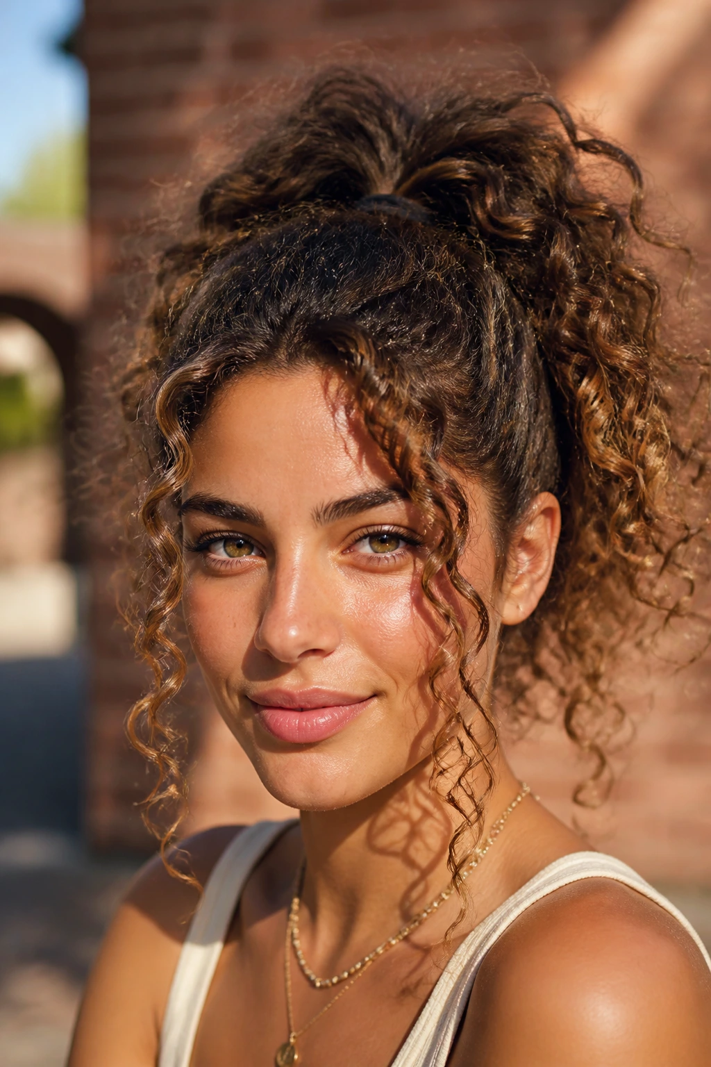 Real woman with high curly ponytail and crown lift in sunny outdoor light.