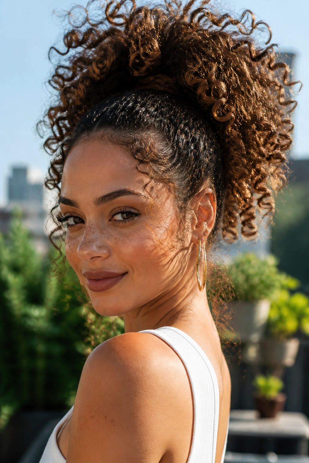 Close-up of a real woman with a high curly ponytail at the crown