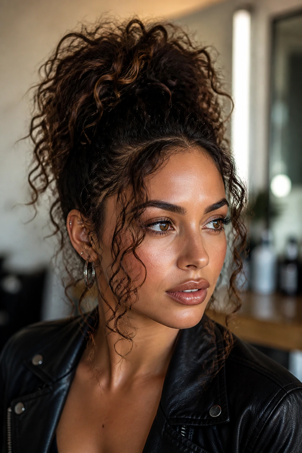 Close-up portrait of a real woman with a high curly ponytail and face-framing pieces