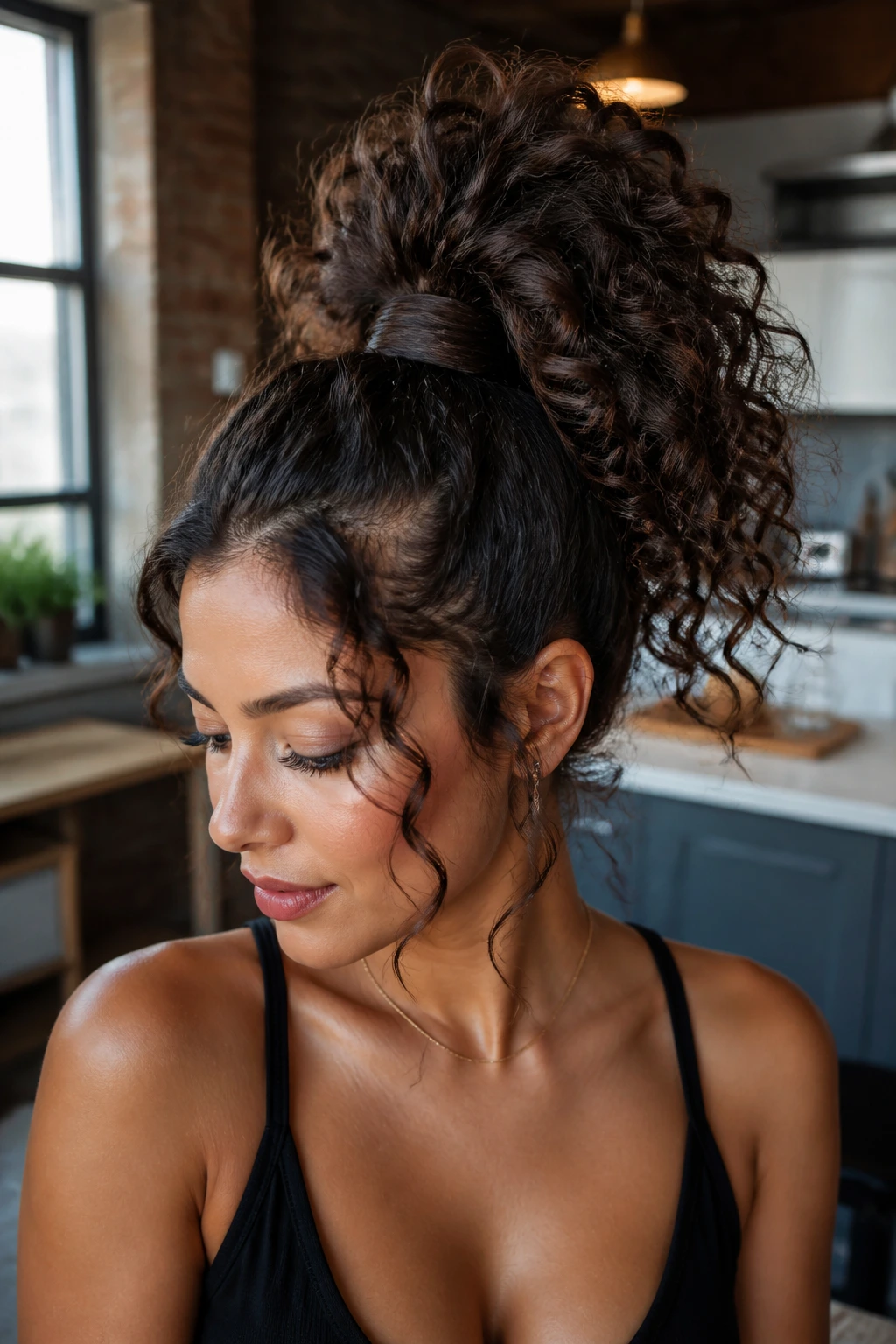 Medium close-up of a person with a high curly ponytail with wrapped base