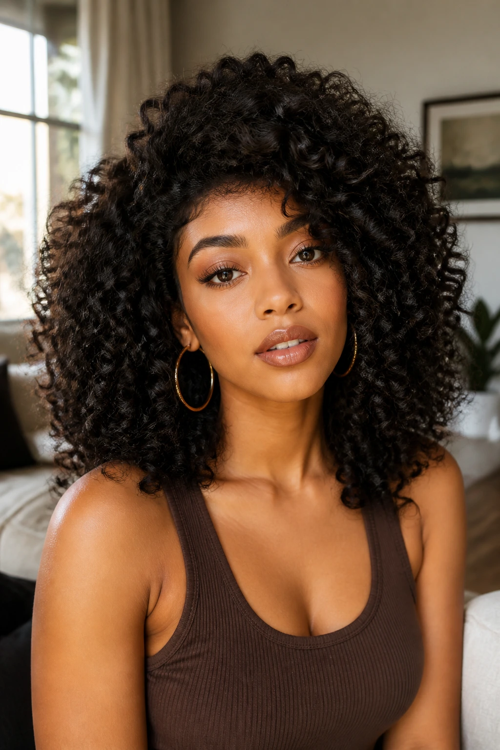 Real person wearing a high-density curly wig with big voluminous curls indoors