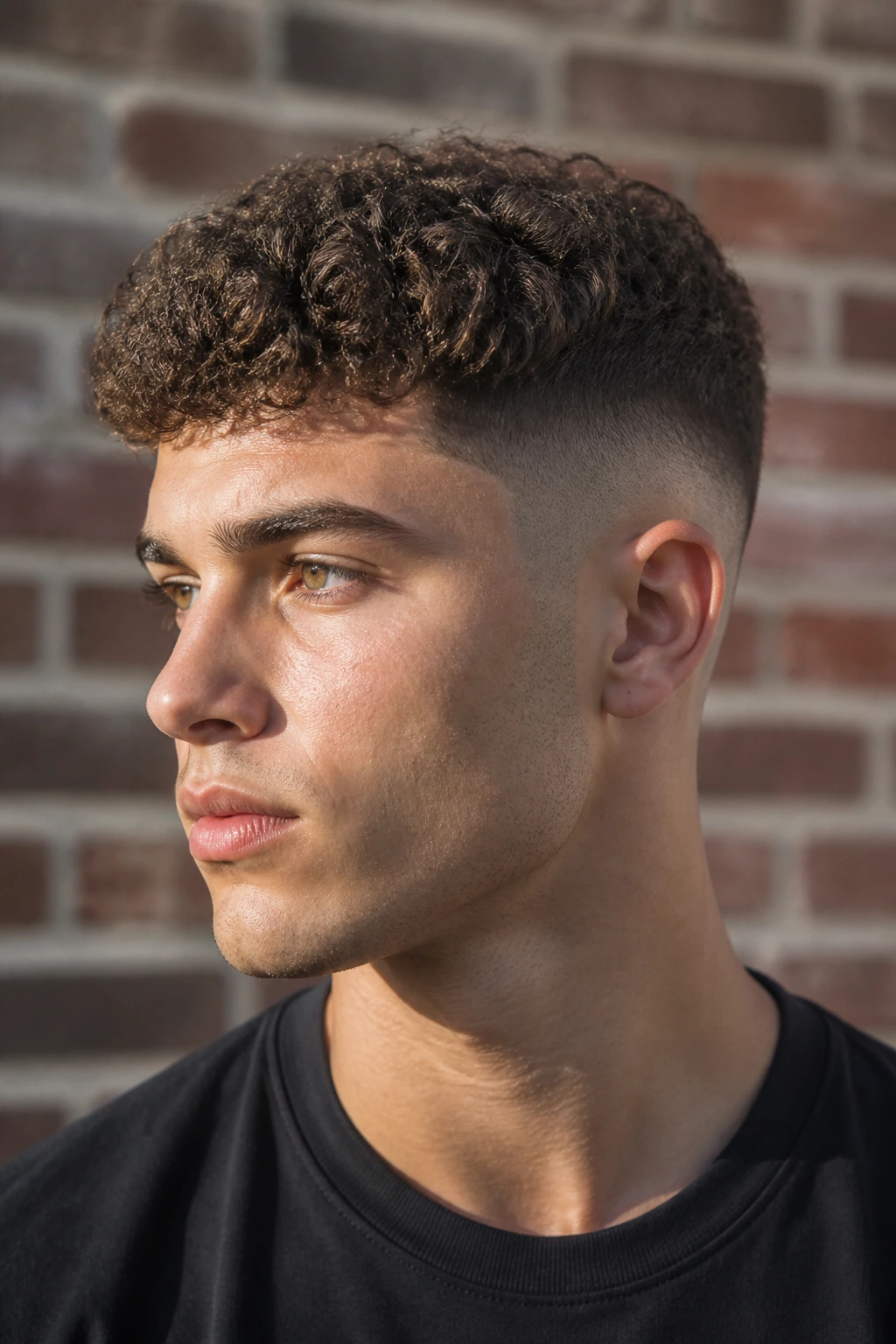 Close-up of a man with a high fade and fine curly top