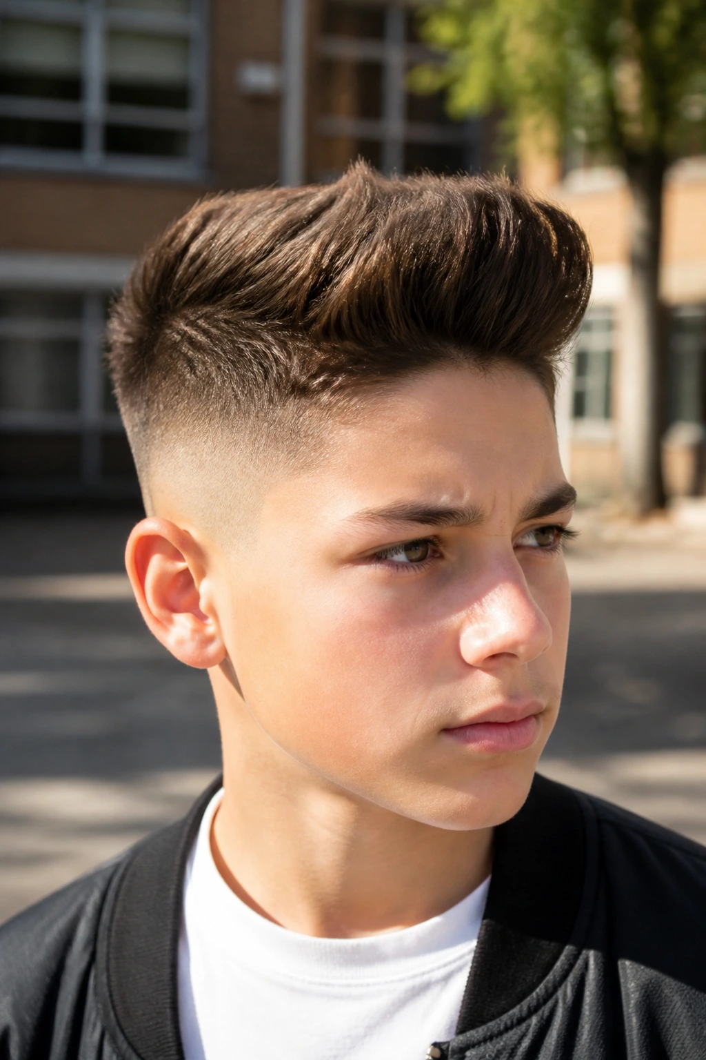 Boy with high fade quiff in an outdoor urban setting portrait