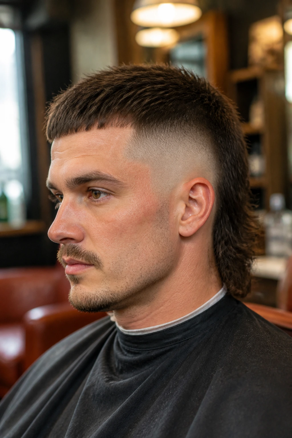Close-up of a man with a high fade and razor-cropped top, top 1–1.5 inches, textured matte finish, barbershop setting