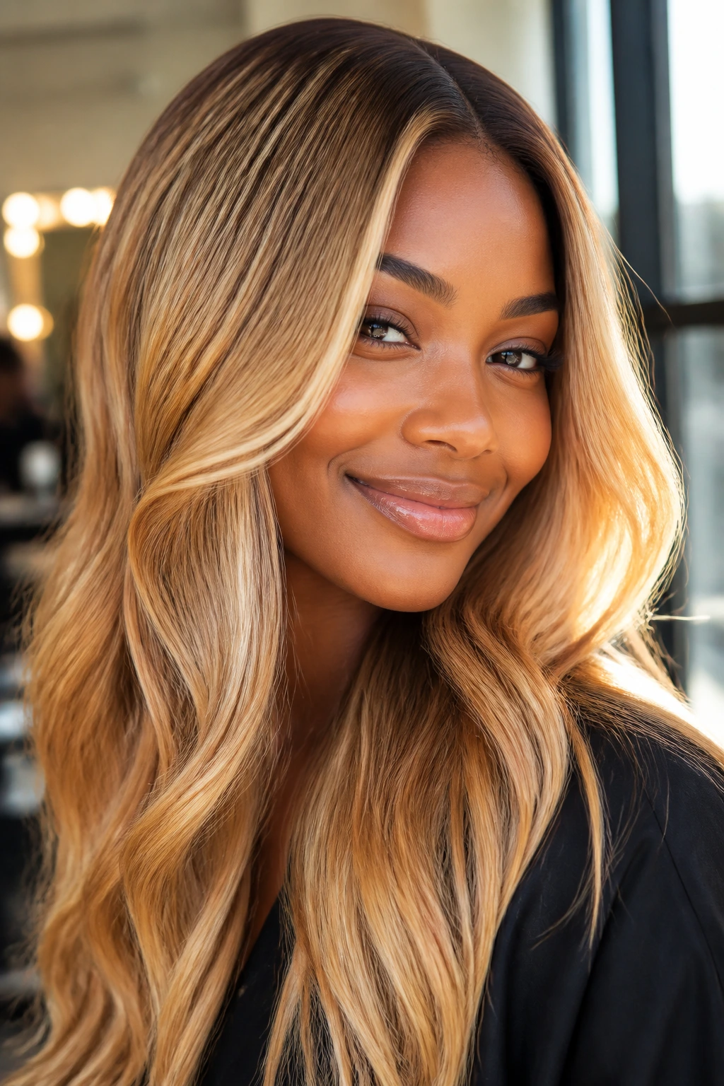 Close-up of a person with high-gloss honey blonde and rooted color.