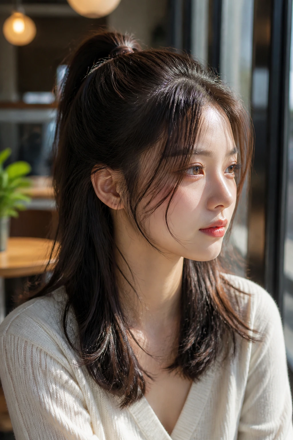 Close-up of a woman with a high half pony and face-framing strands in bright light.