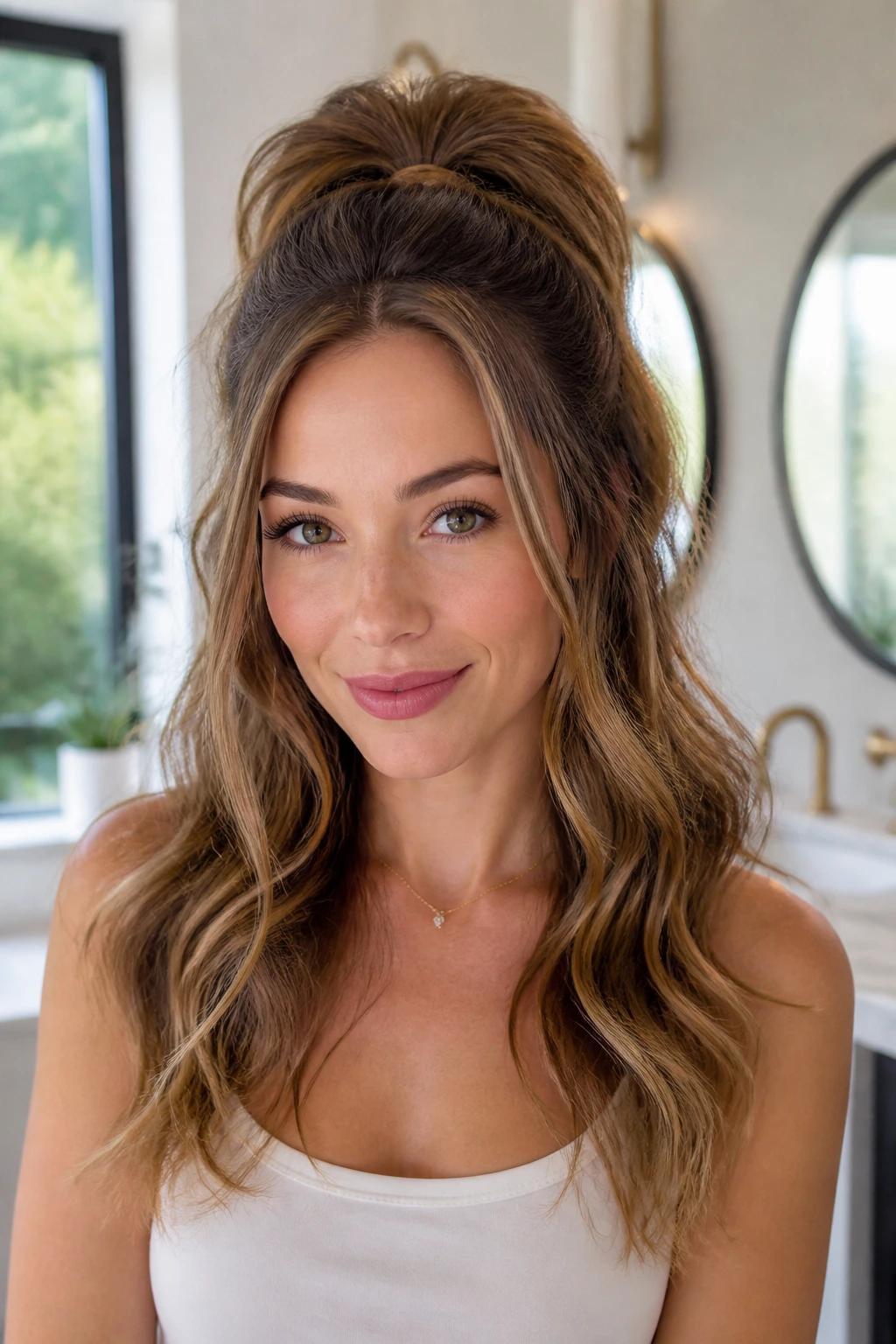 Close-up portrait of a real woman with a high half-up puff and long ends