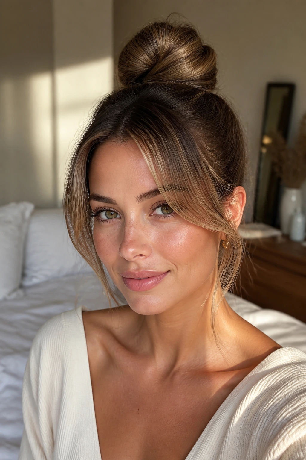 Close-up of high knot with curtain fringe framing the face