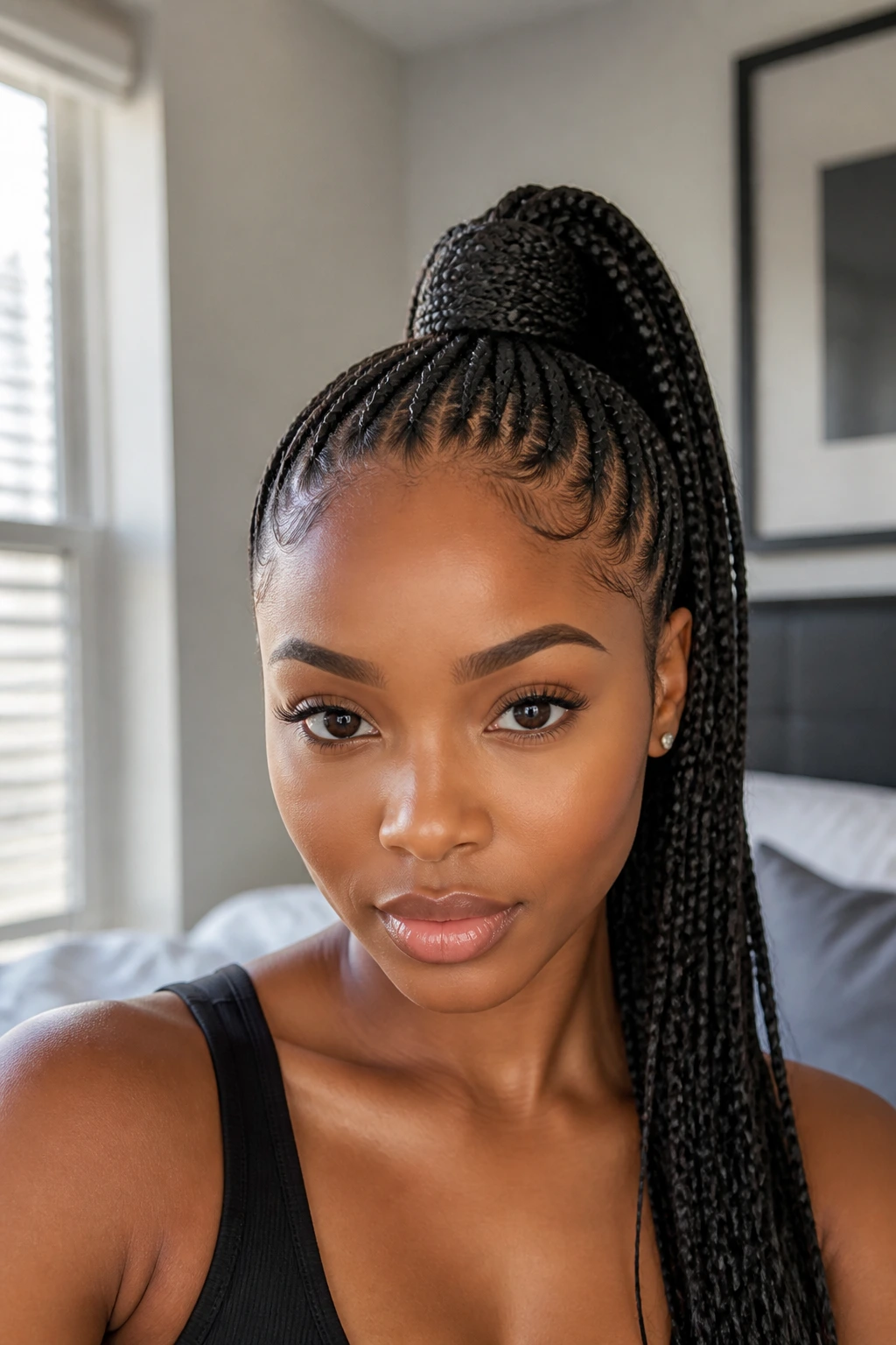 Close-up of real person with a high knotless ponytail and wrapped base