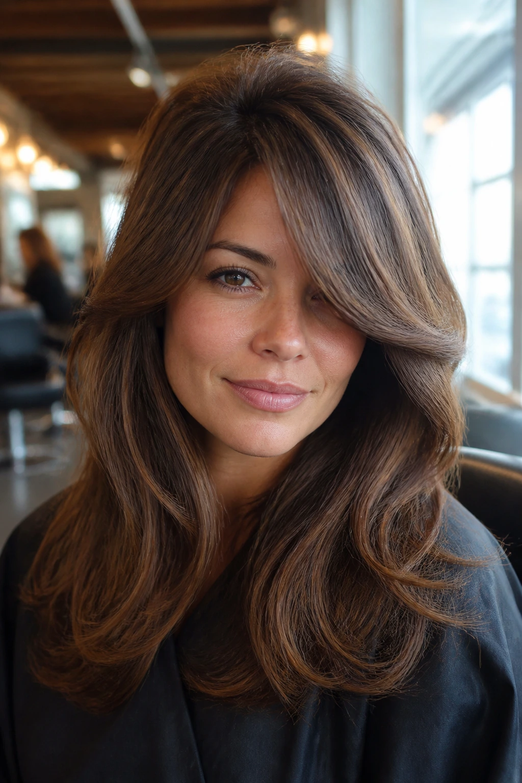 Close-up portrait of a real woman with high-lift crown layers and side-swept bangs in a warm salon setting