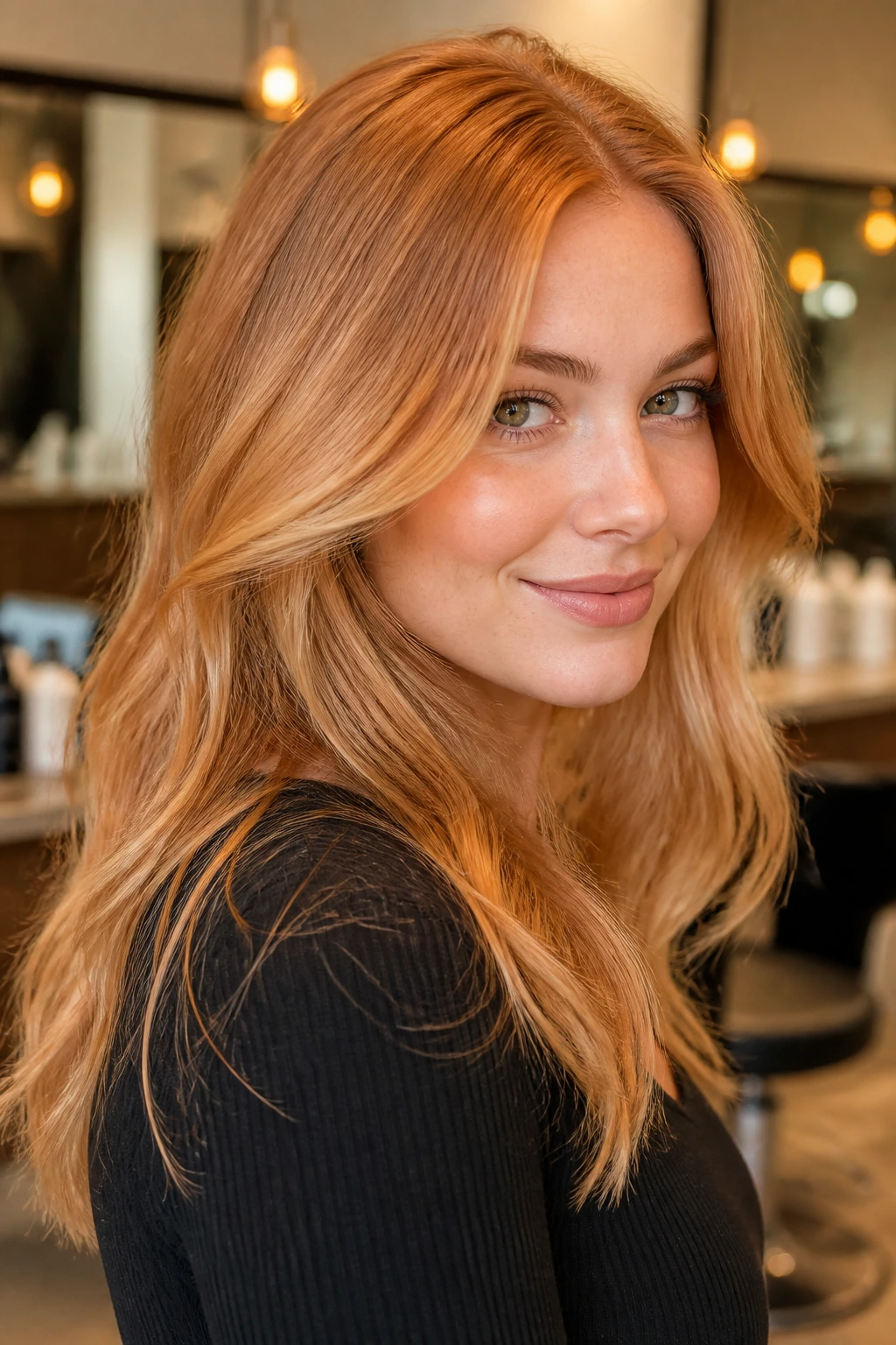 Close-up of a real woman with high-lift strawberry blonde hair lifted from dark blonde with warm glaze