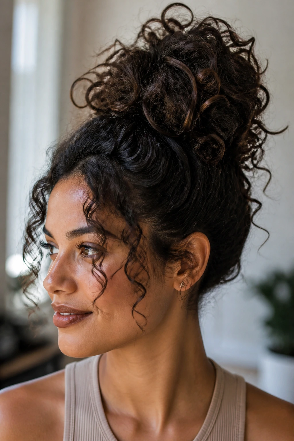 Portrait of a real woman with a high pineapple ponytail and soft front pieces.