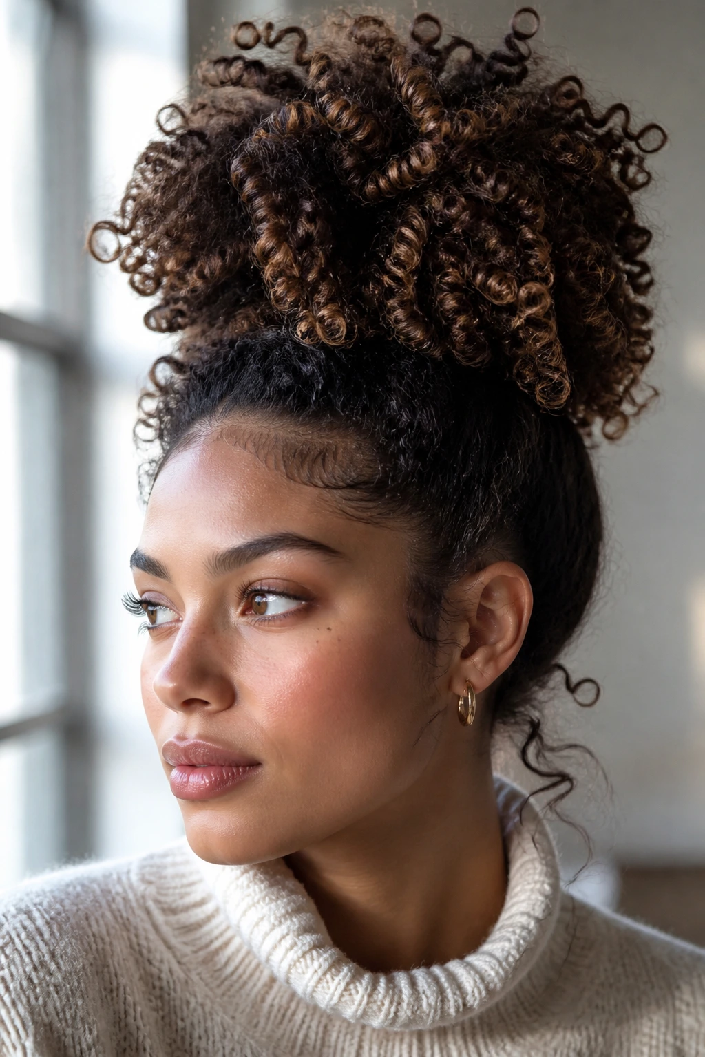 Close-up of a woman with a high pineapple puff hairstyle and visible lowlights