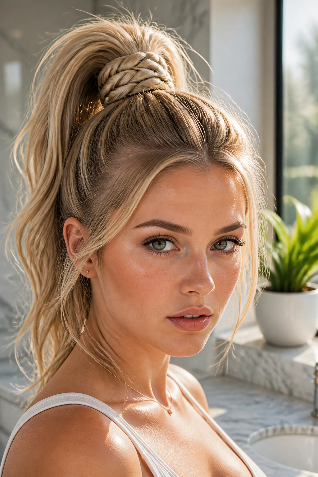 Close-up of a woman with a textured high pony and braided wrap in natural bathroom light.