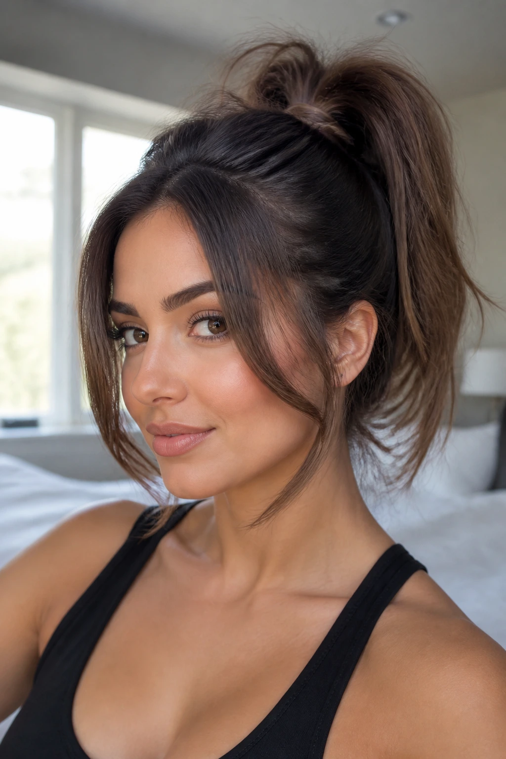 Portrait of a woman with a high pony and face-framing swoops