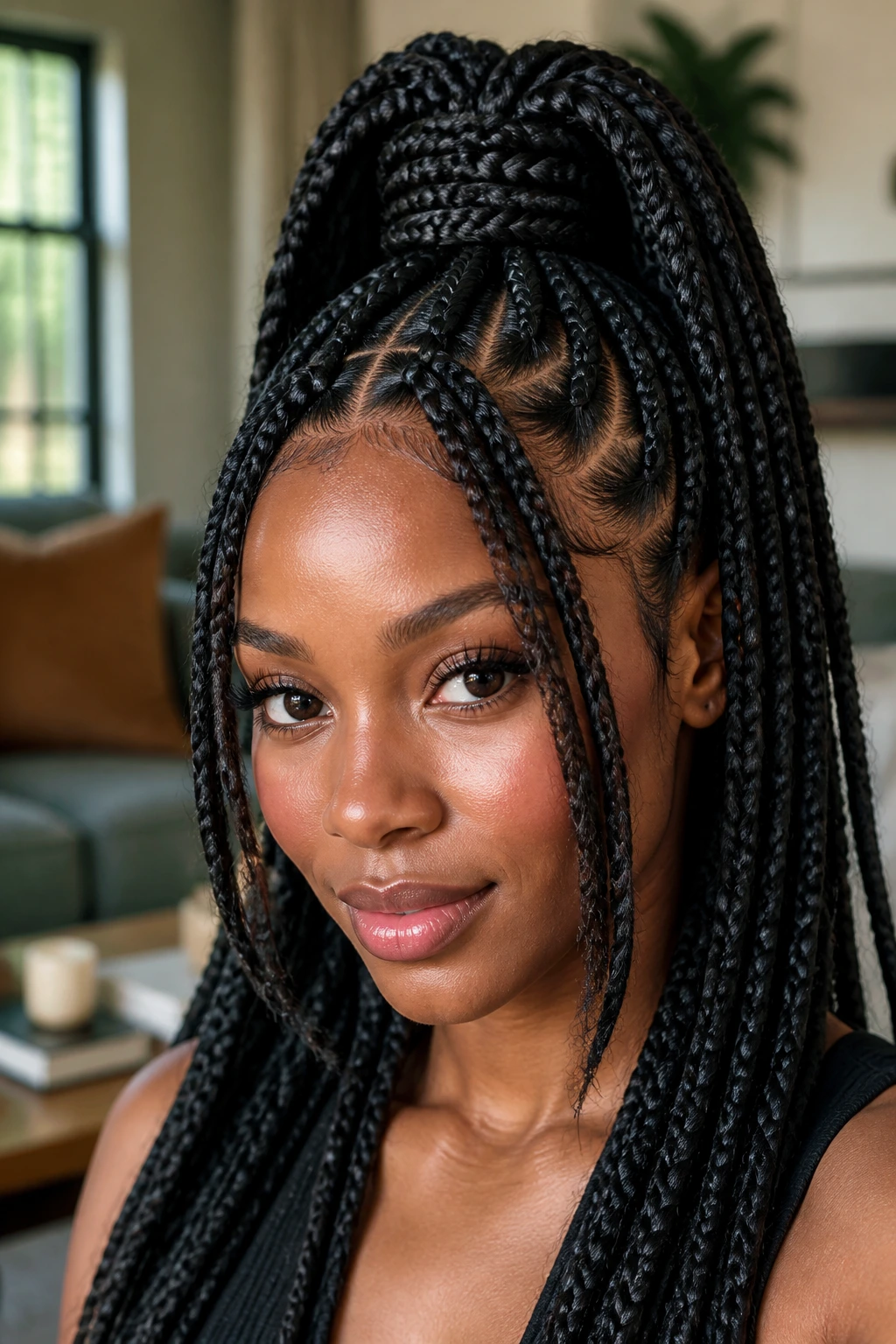 Close-up of a real woman with high ponytail braids and dropped layers framing the face