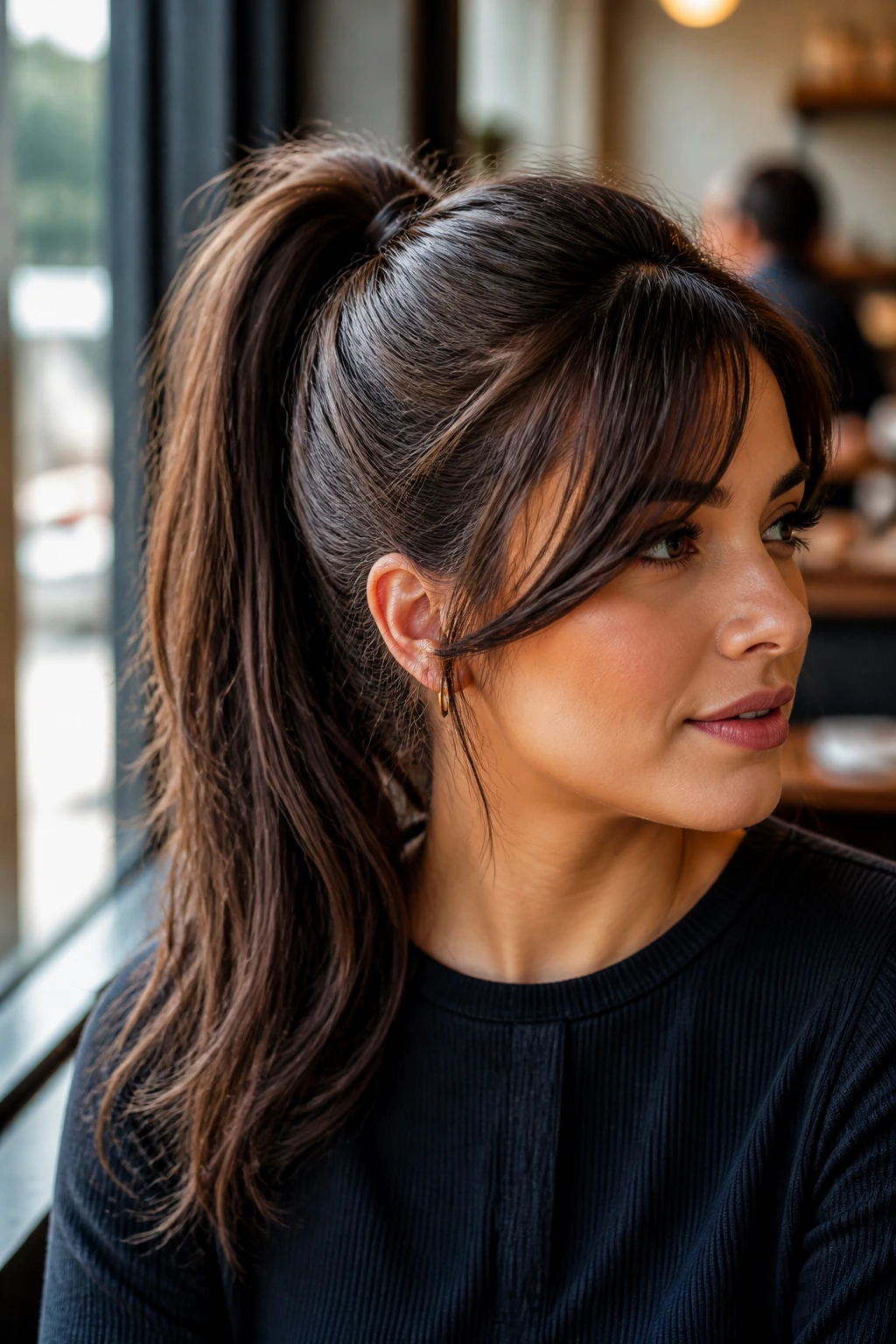 Brunette with high ponytail and side-swept bangs in cafe window light