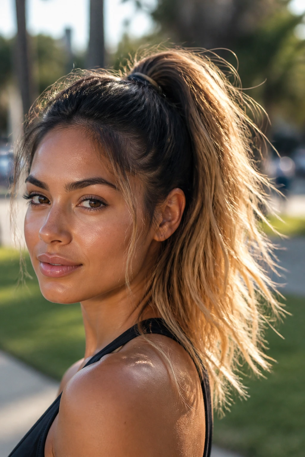 Close-up of a real woman with a high ponytail and champagne ends.