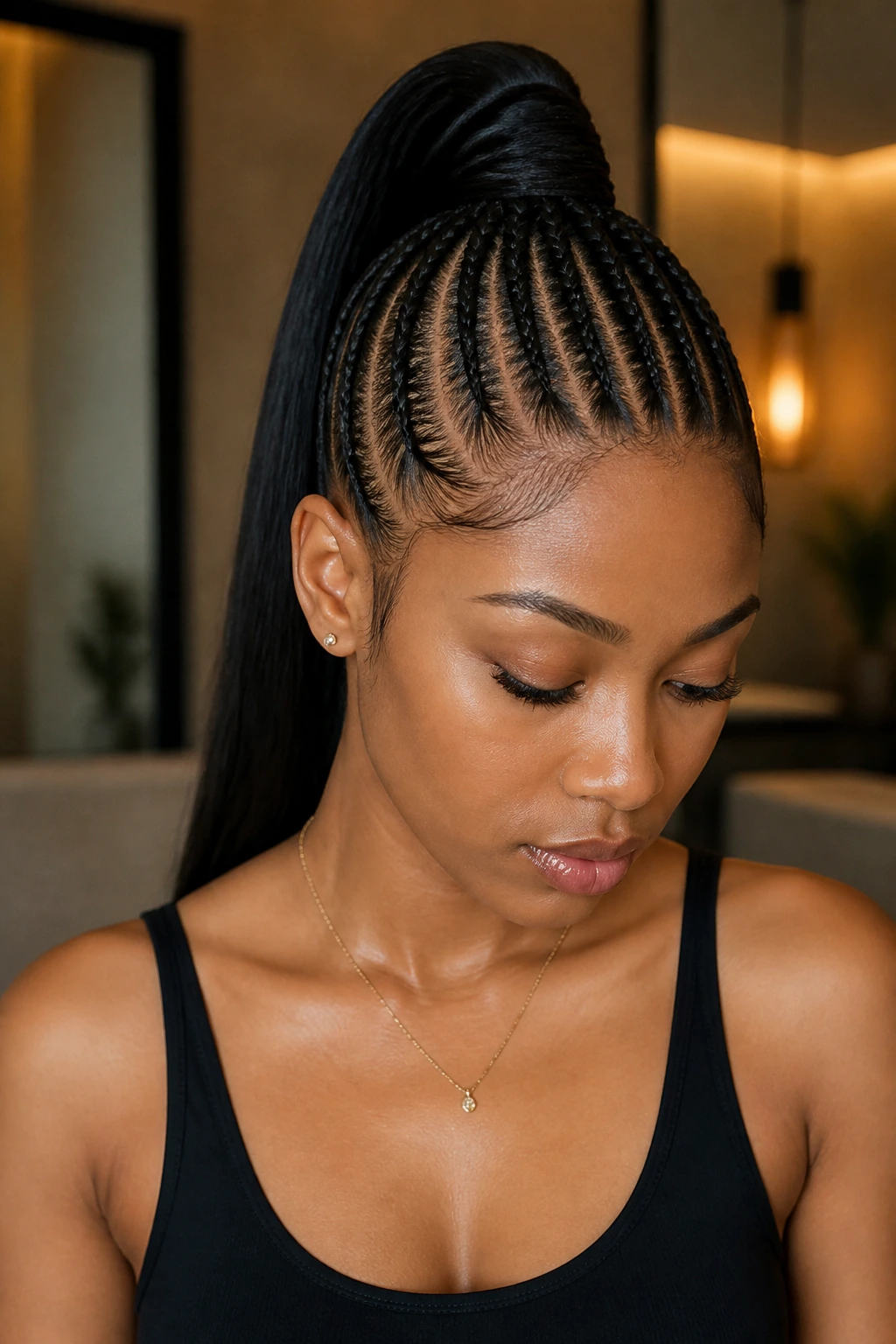 Portrait of a woman with a high ponytail of straight-back cornrows at the crown