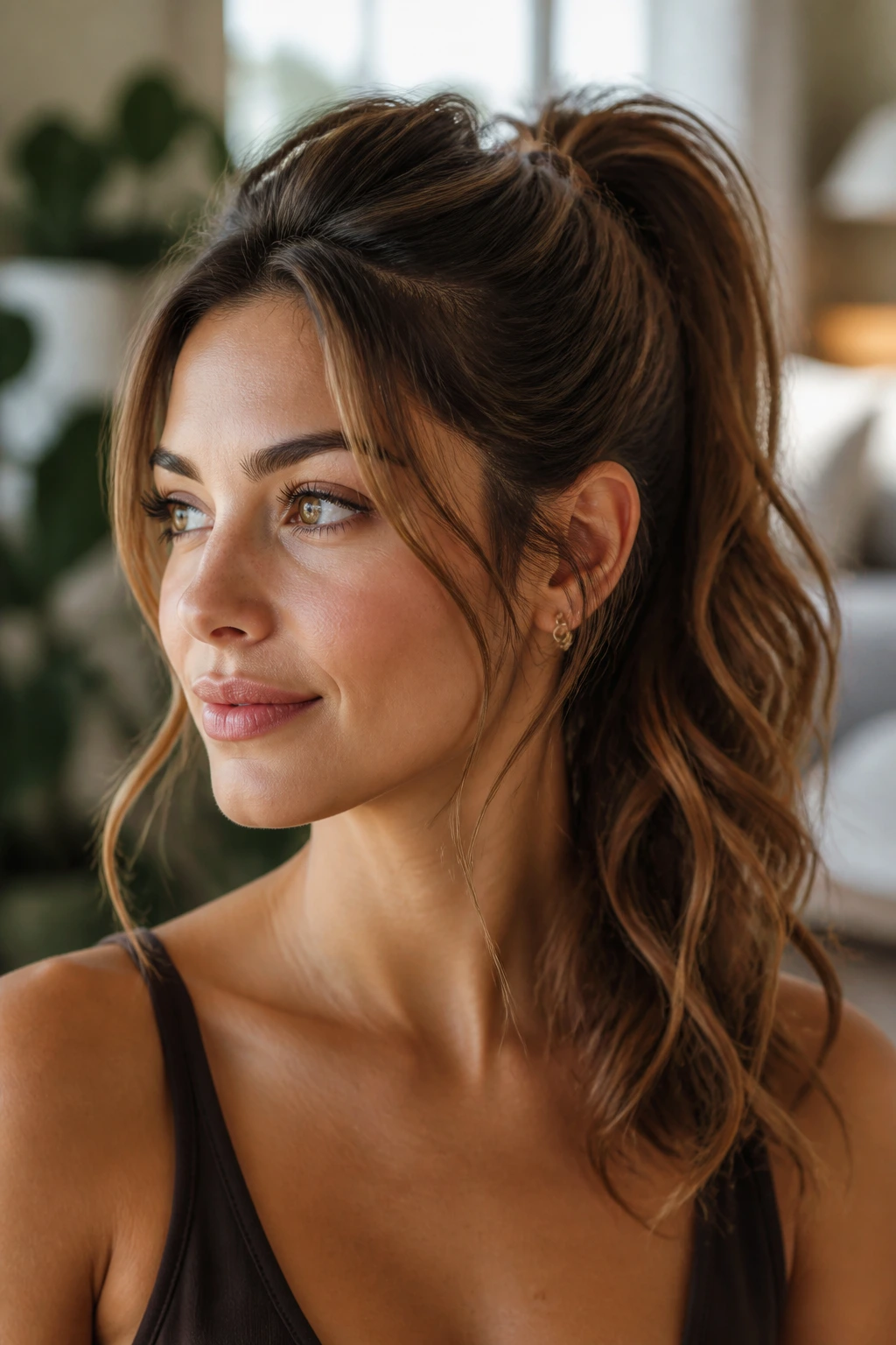 Woman with high ponytail crown lift and soft sides