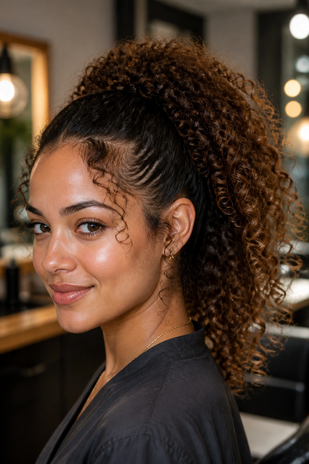 Close-up of a real woman with a high curly ponytail and crown lift