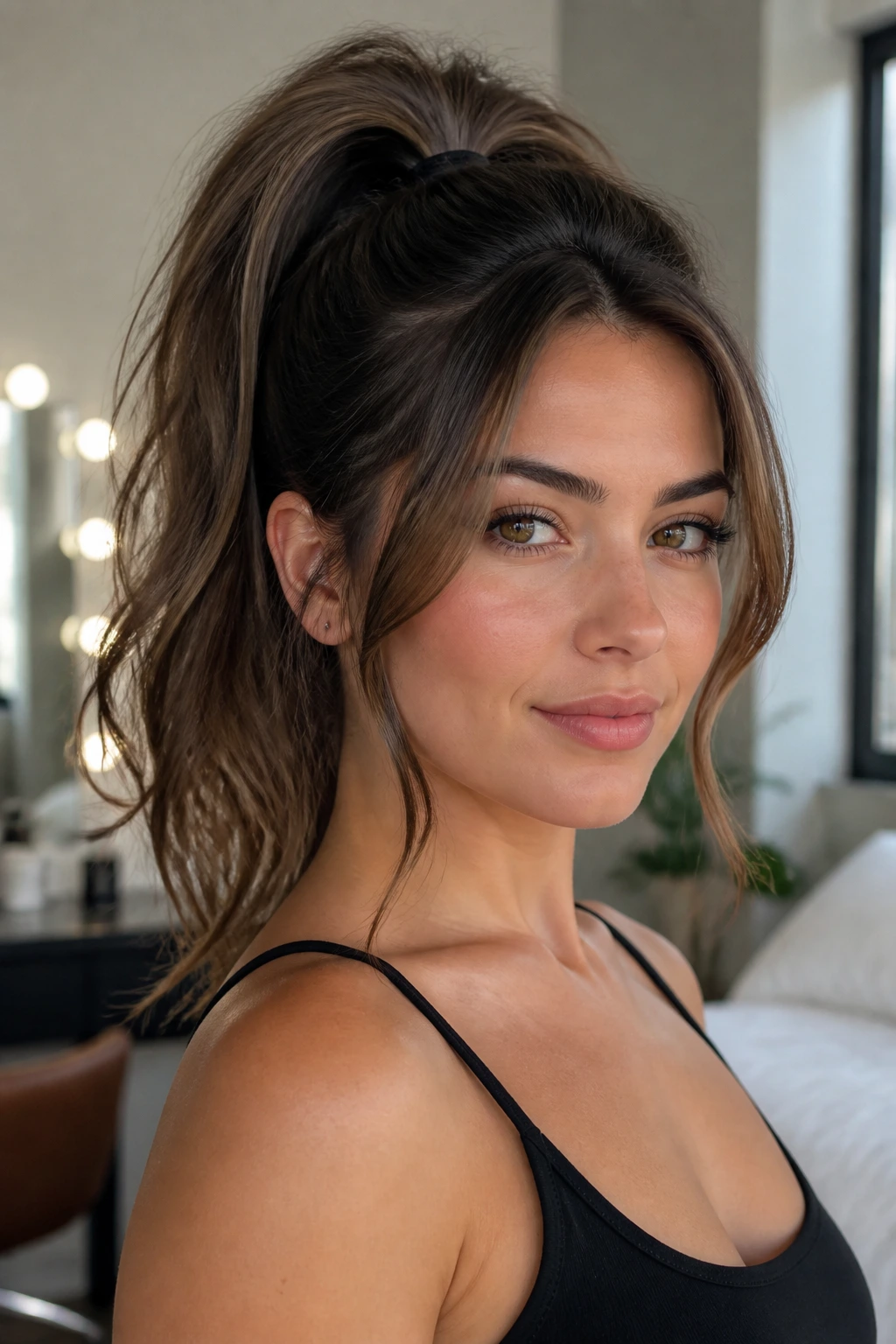Close-up of a real woman with a high ponytail and curved front layers