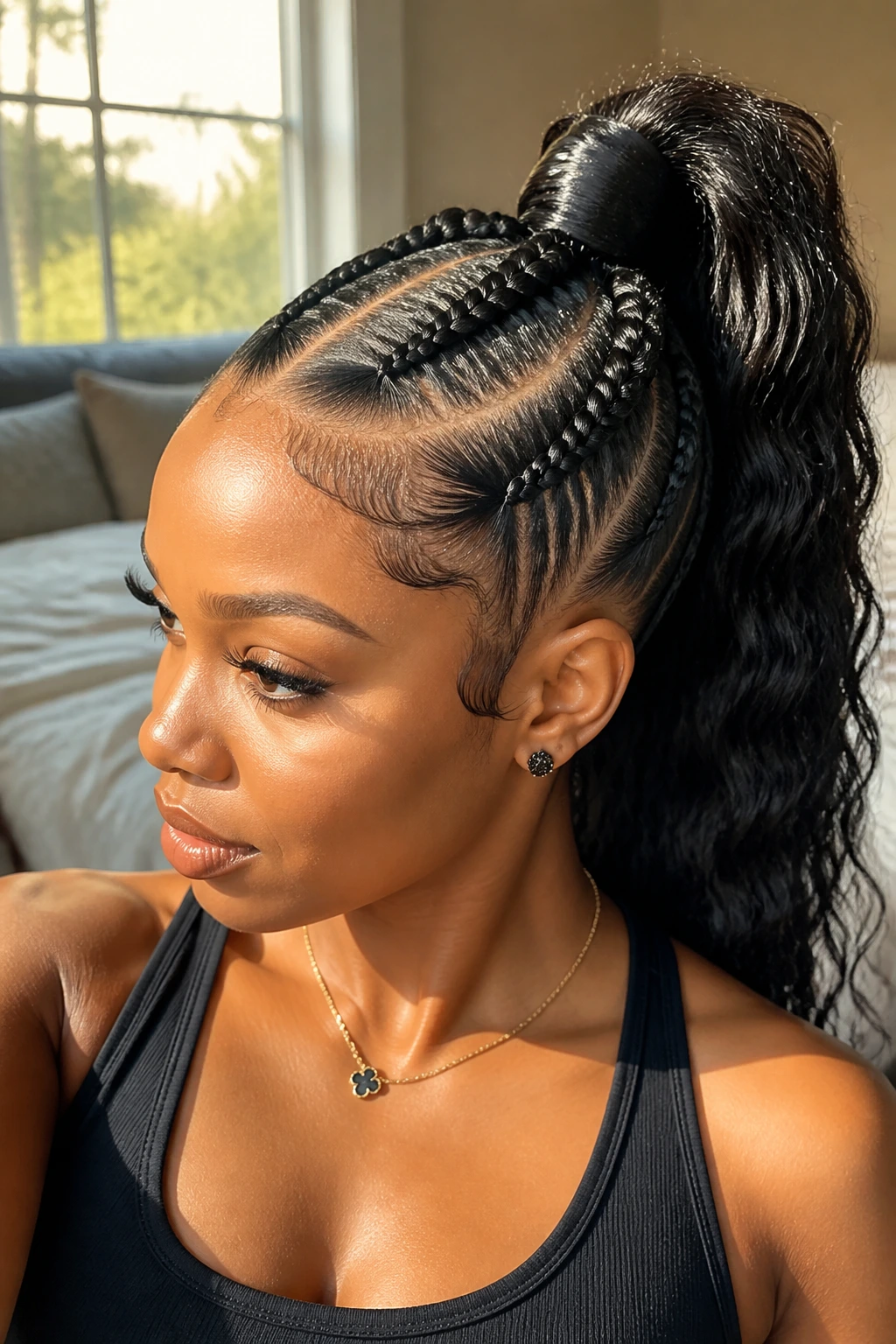 Close-up of a real woman's high ponytail double Dutch braids under warm natural light