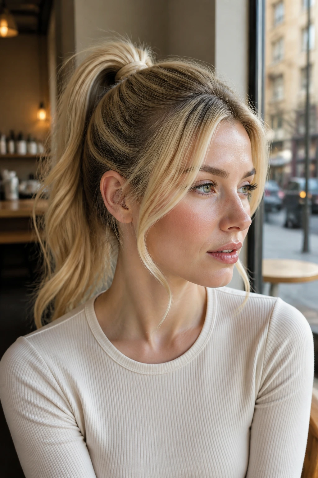 Close-up of a real woman with a high ponytail and face-framing strands