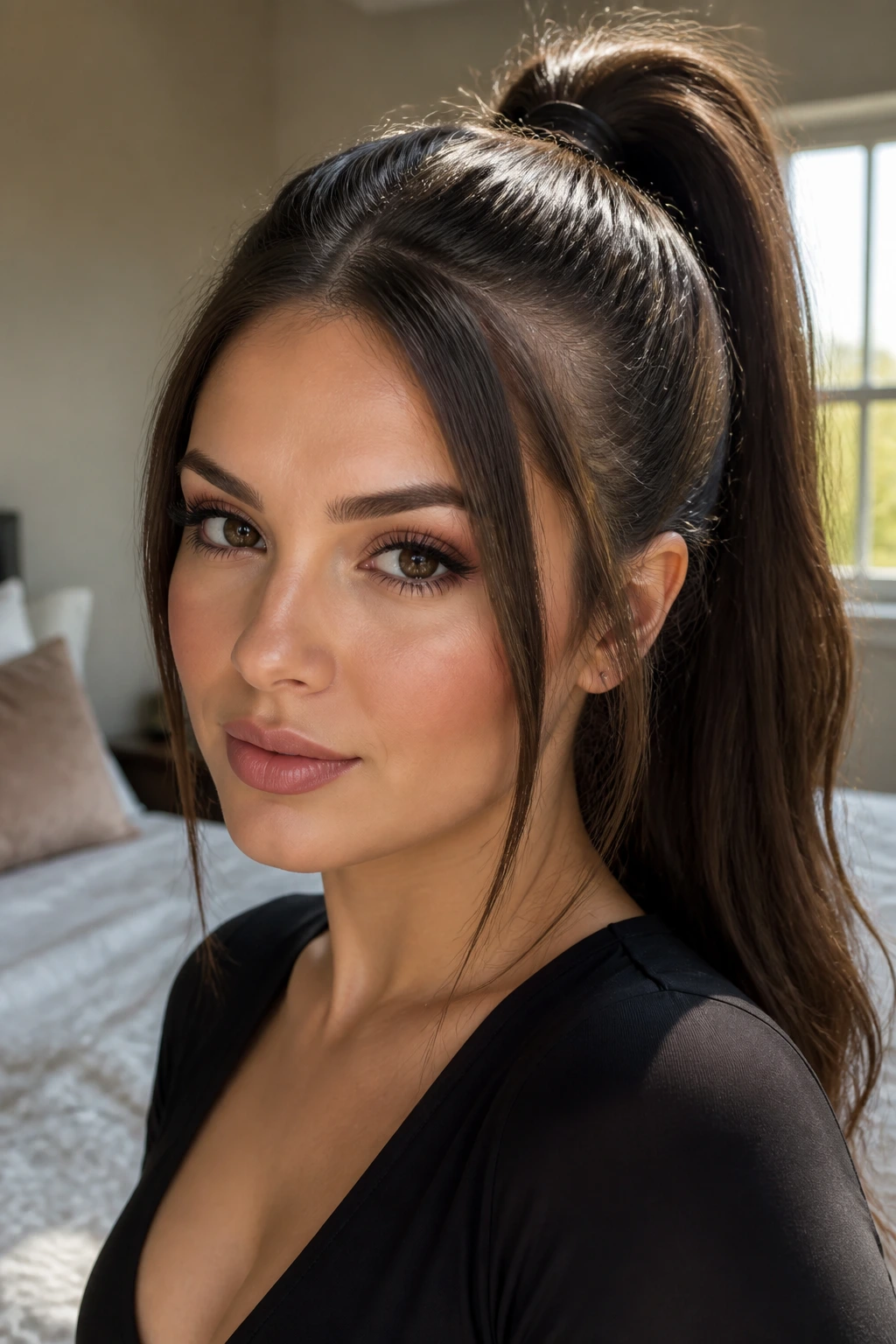 Close-up of a real woman with a high ponytail and face-framing pieces in natural window light